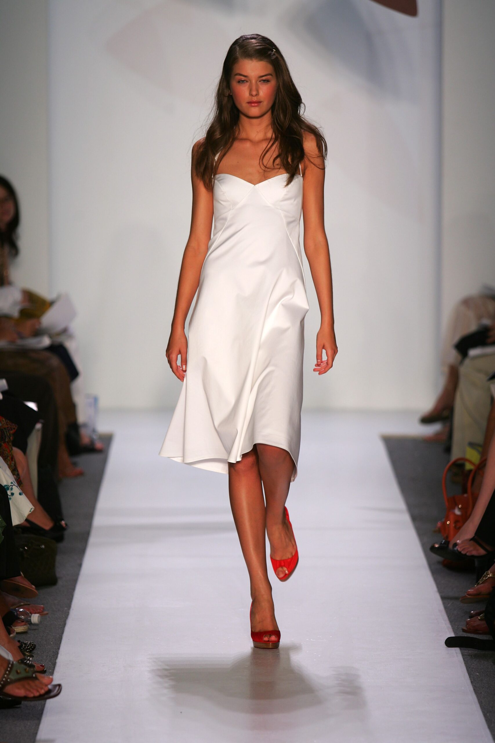 white satin spaghetti-strap sweetheart fitted draped midi-dress