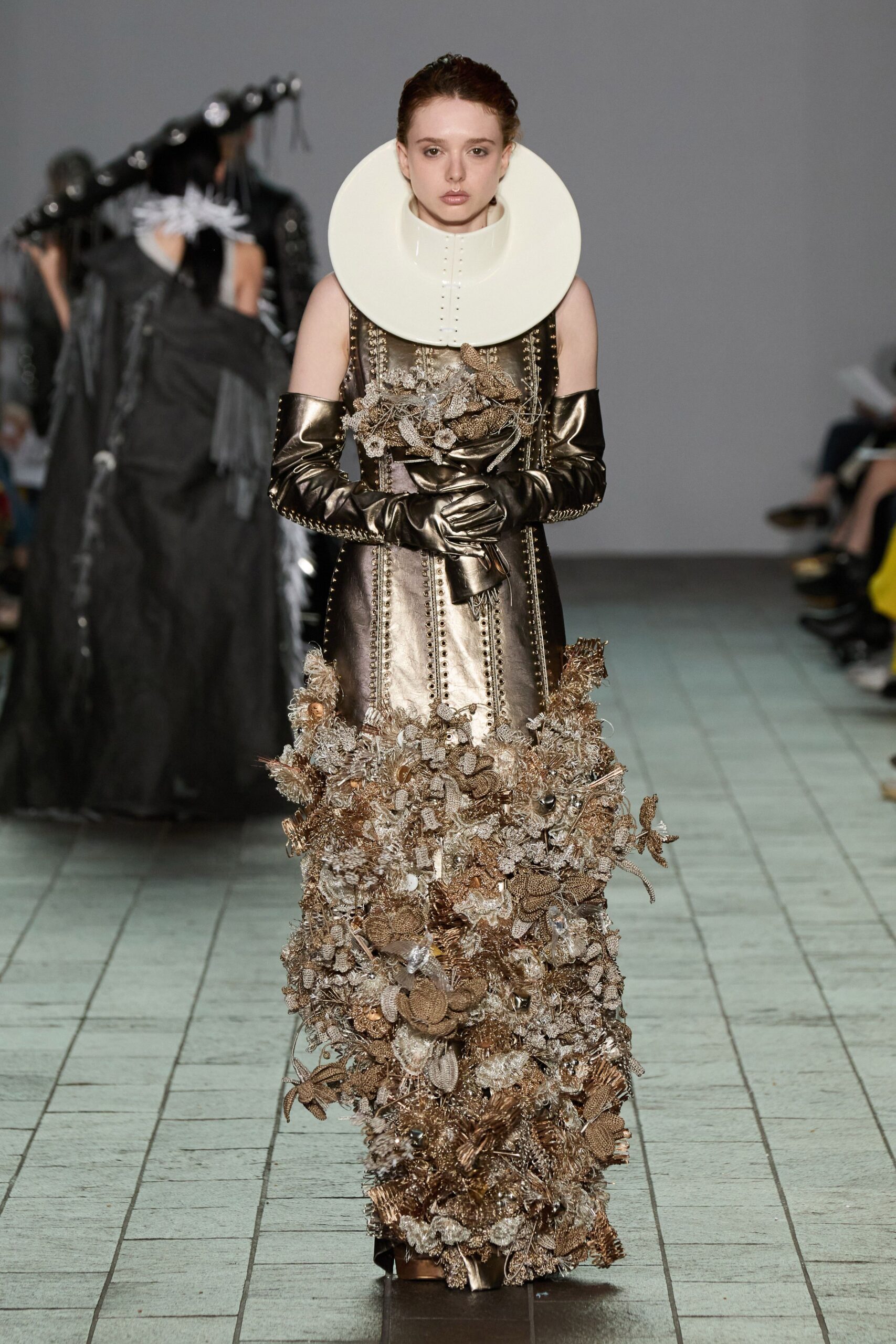 gold silk sleeveless high-neck fitted embellished flared gown