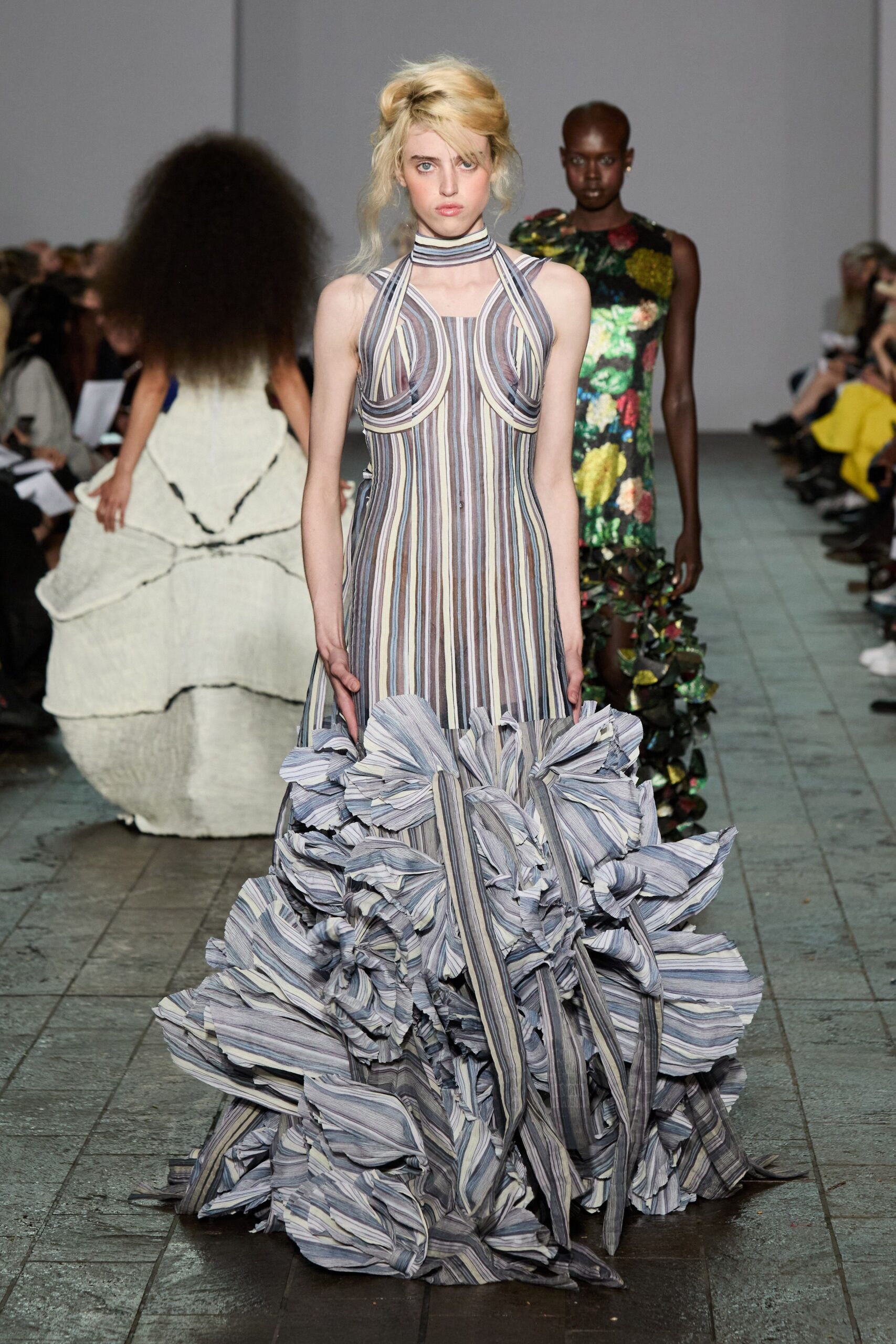 blue and white pleated gown