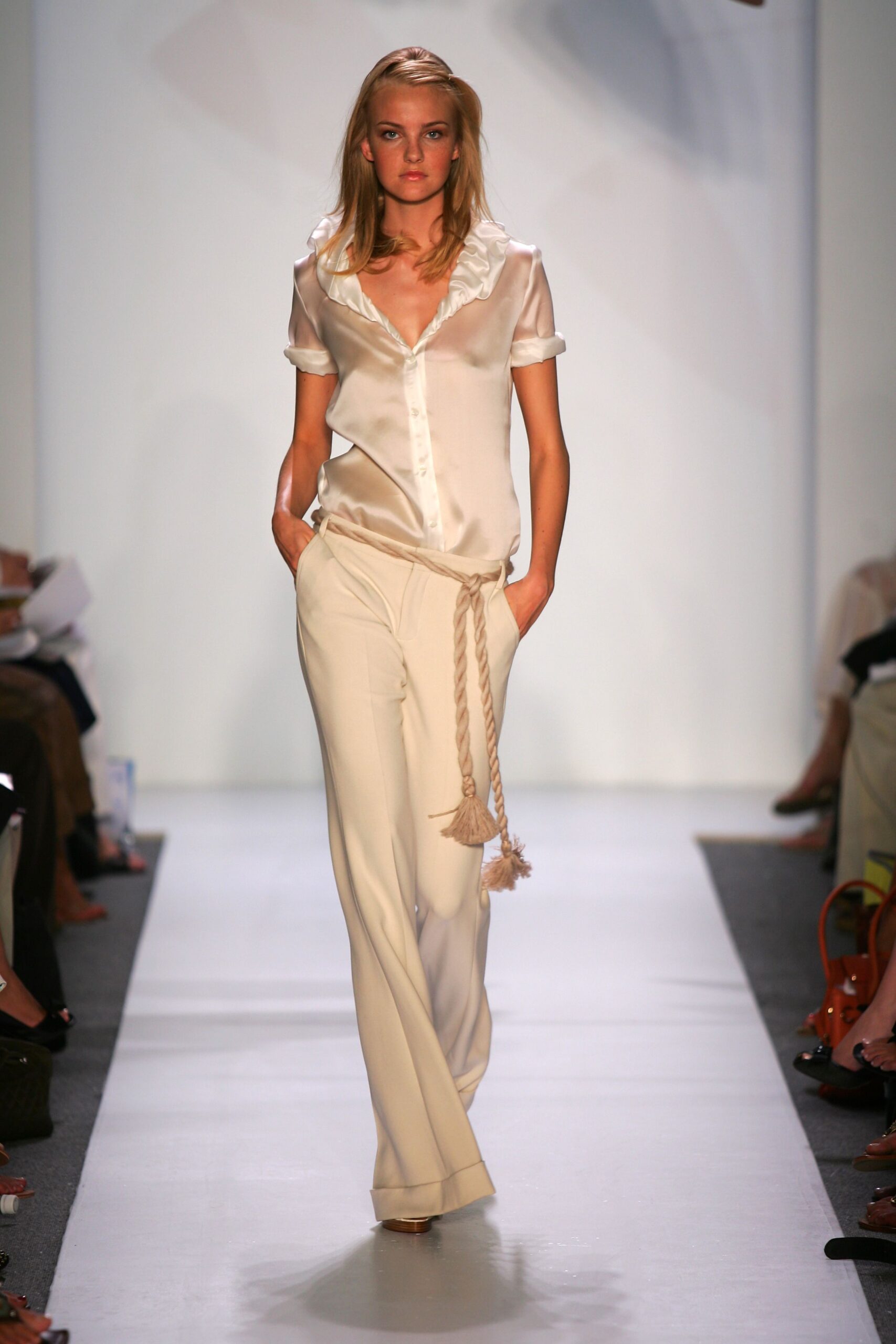 ivory satin short-sleeve v-neck relaxed ruffled buttoned blouse