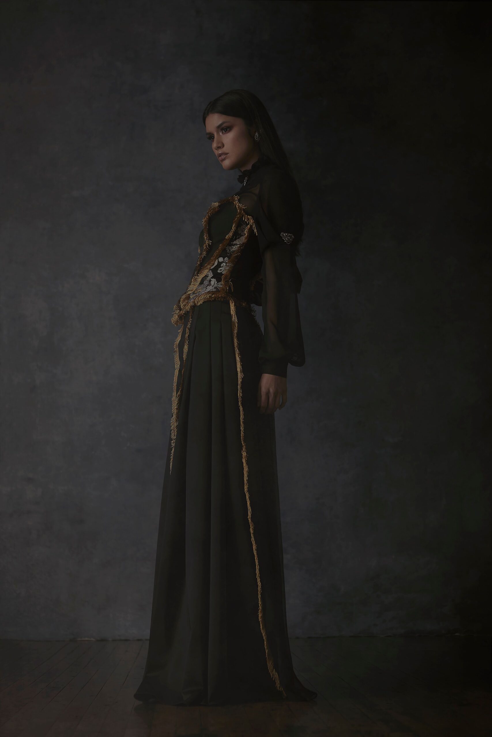 black chiffon long-sleeve high-neck fitted embroidered fringed gown