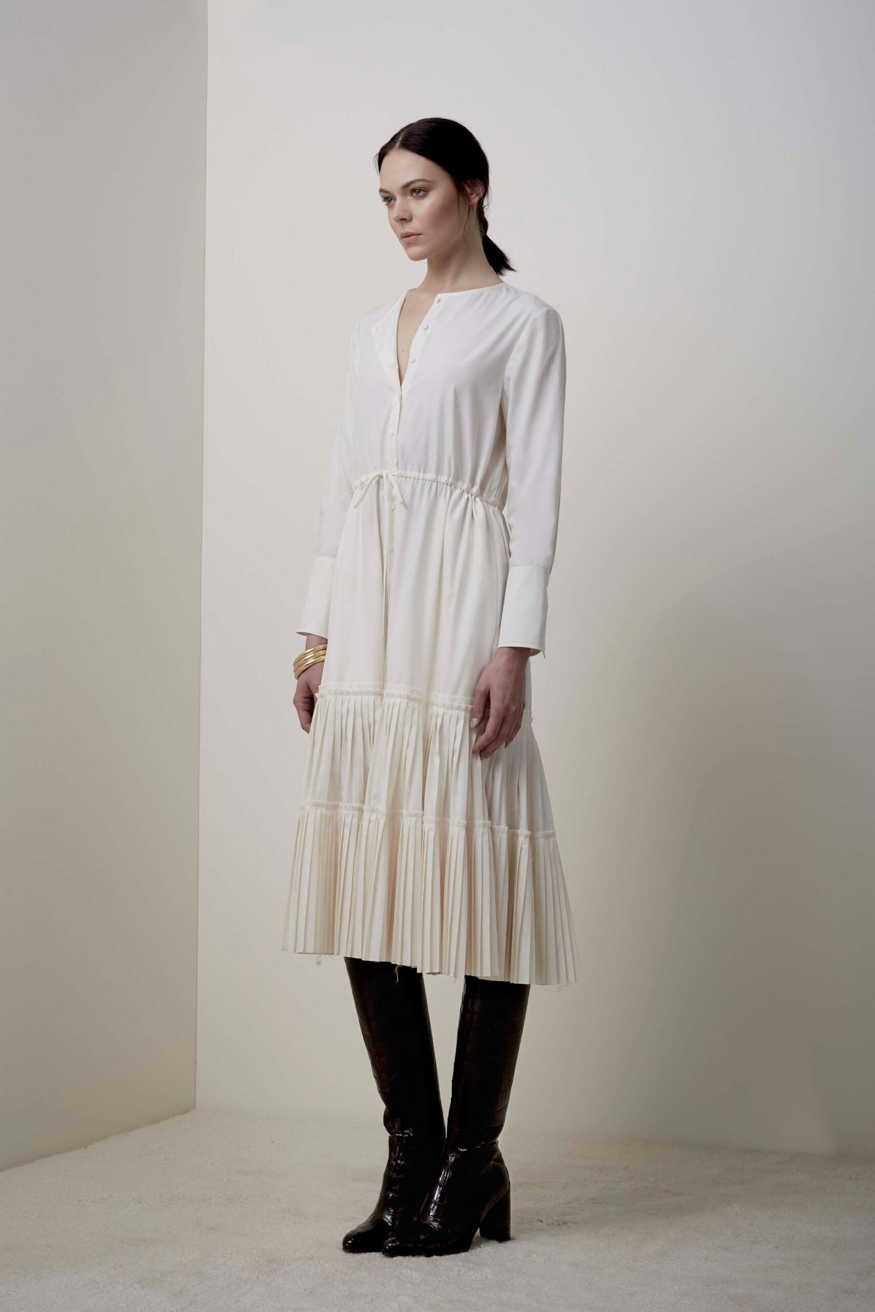 ivory silk long-sleeve v-neck pleated tiered flowing maxi-dress