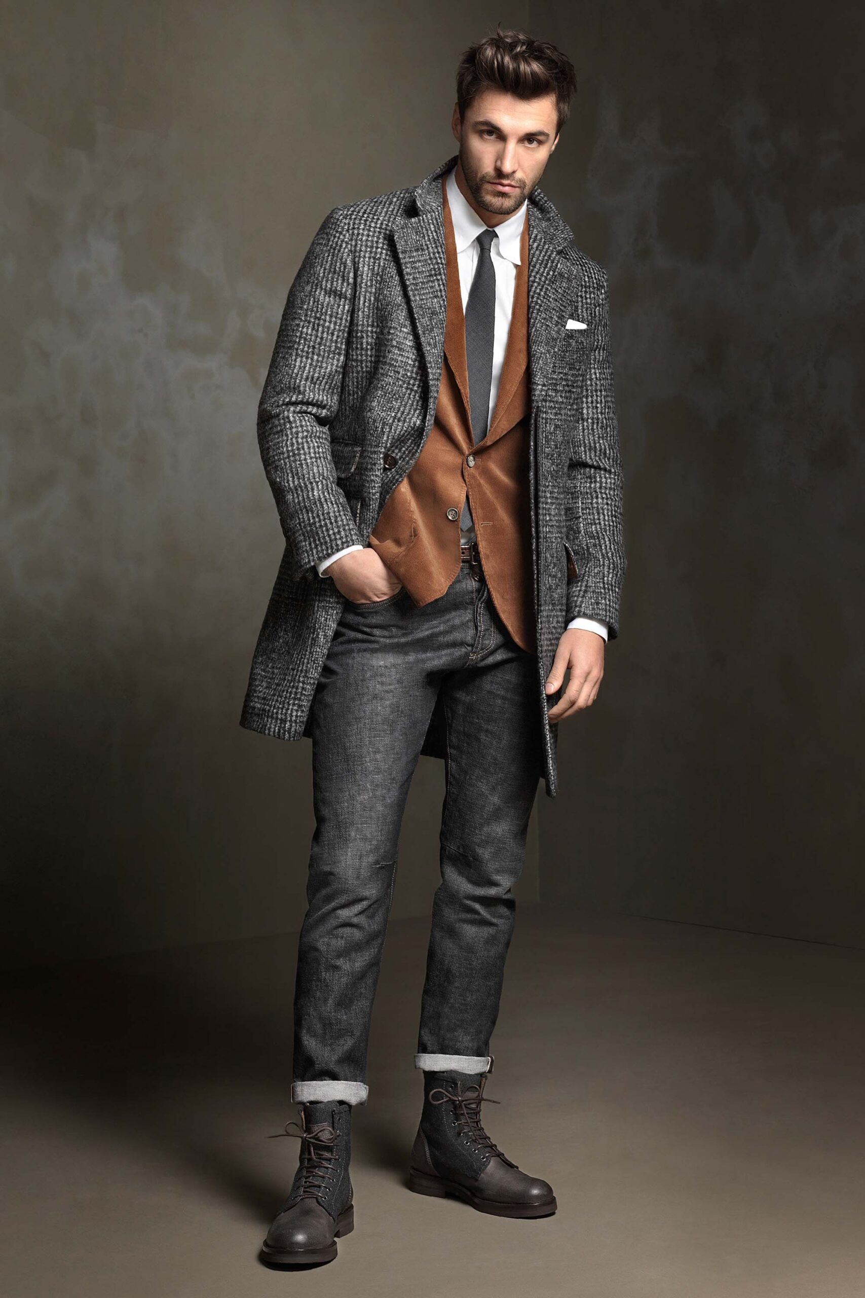 gray leather lace-up round-toe boots