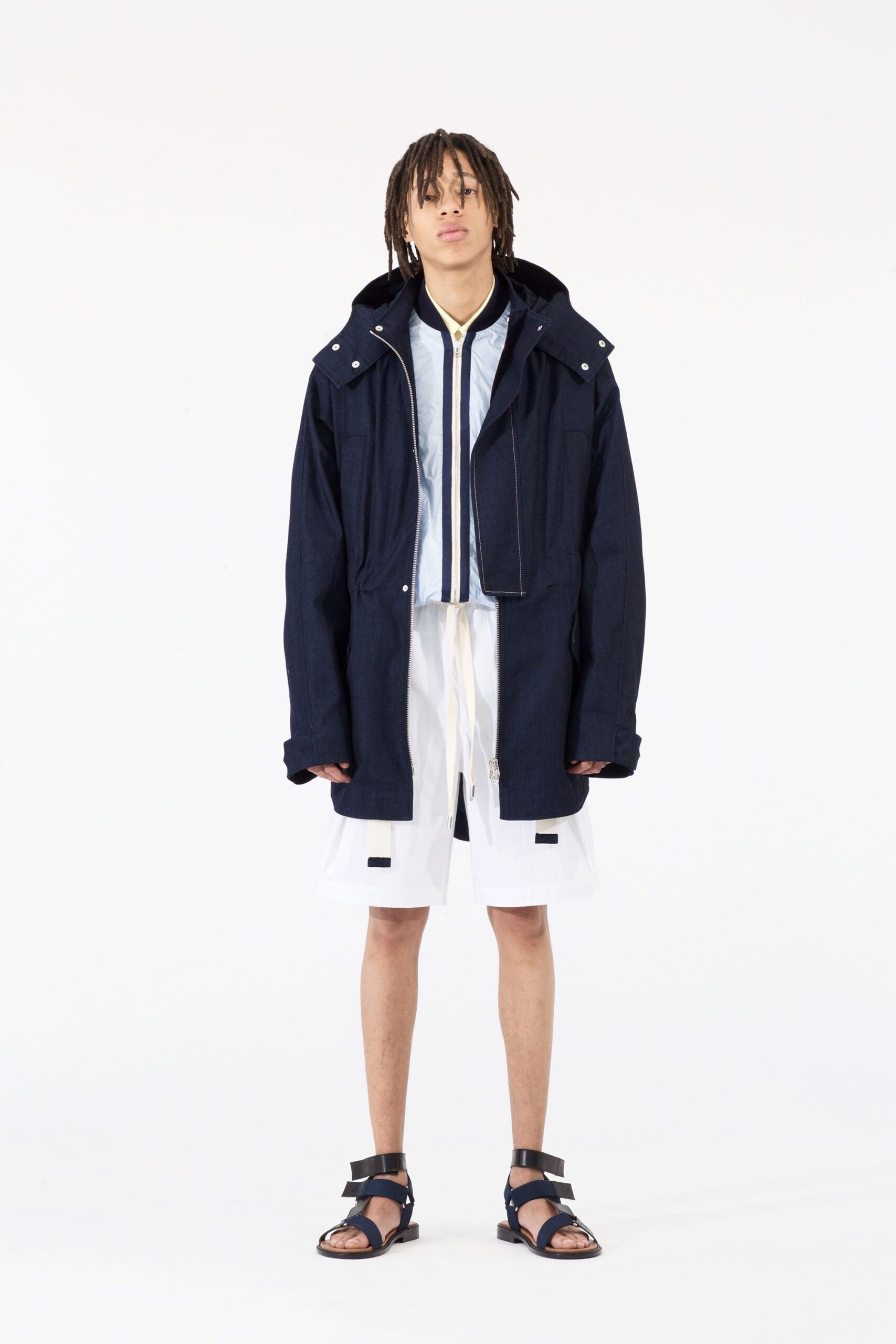 blue nylon long-sleeve collared zippered striped shiny jacket