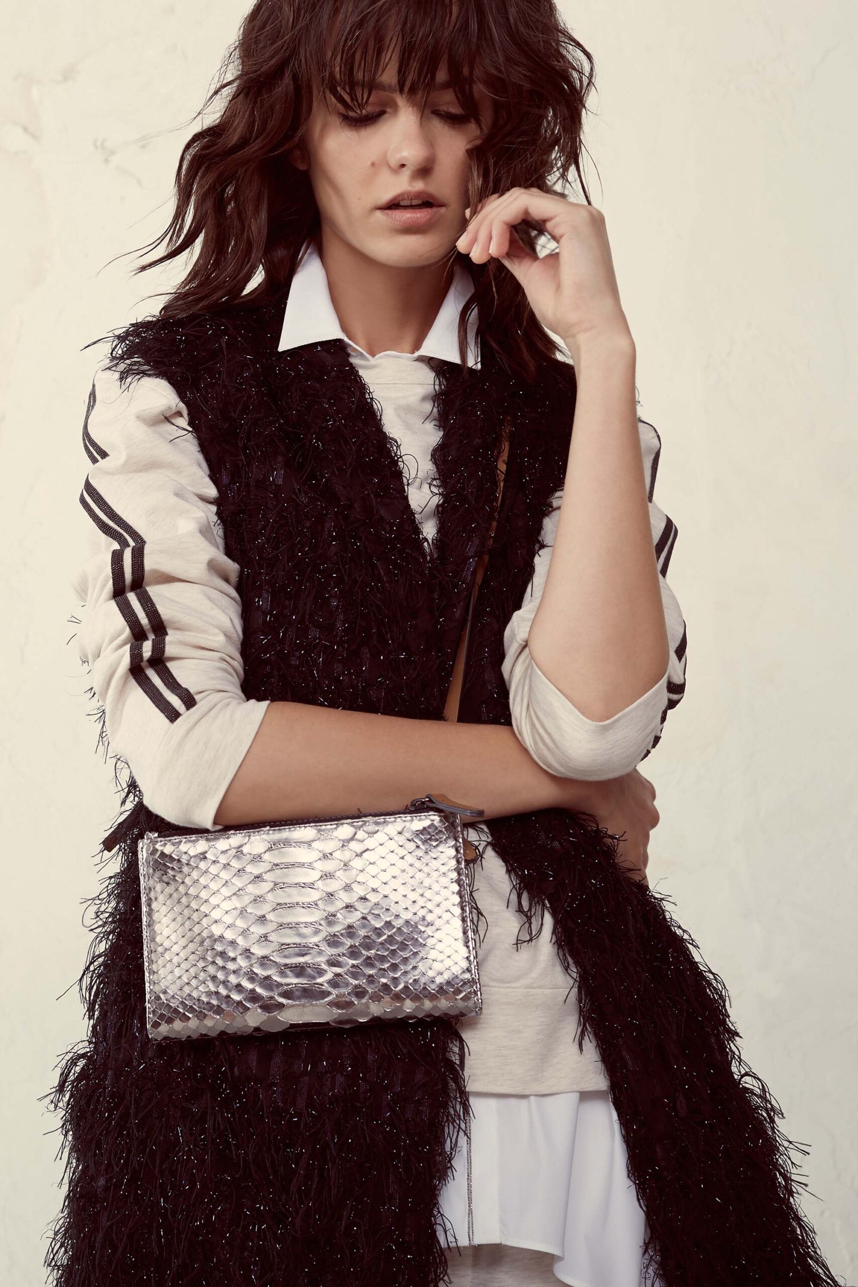 black feather sleeveless open-front longline feathered textured vest