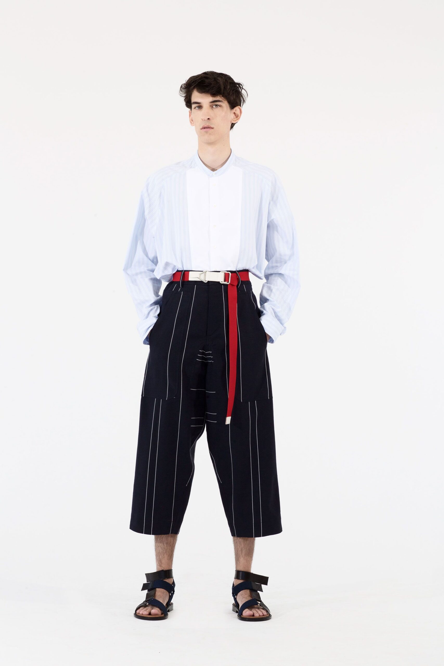 oversized striped band collar shirt