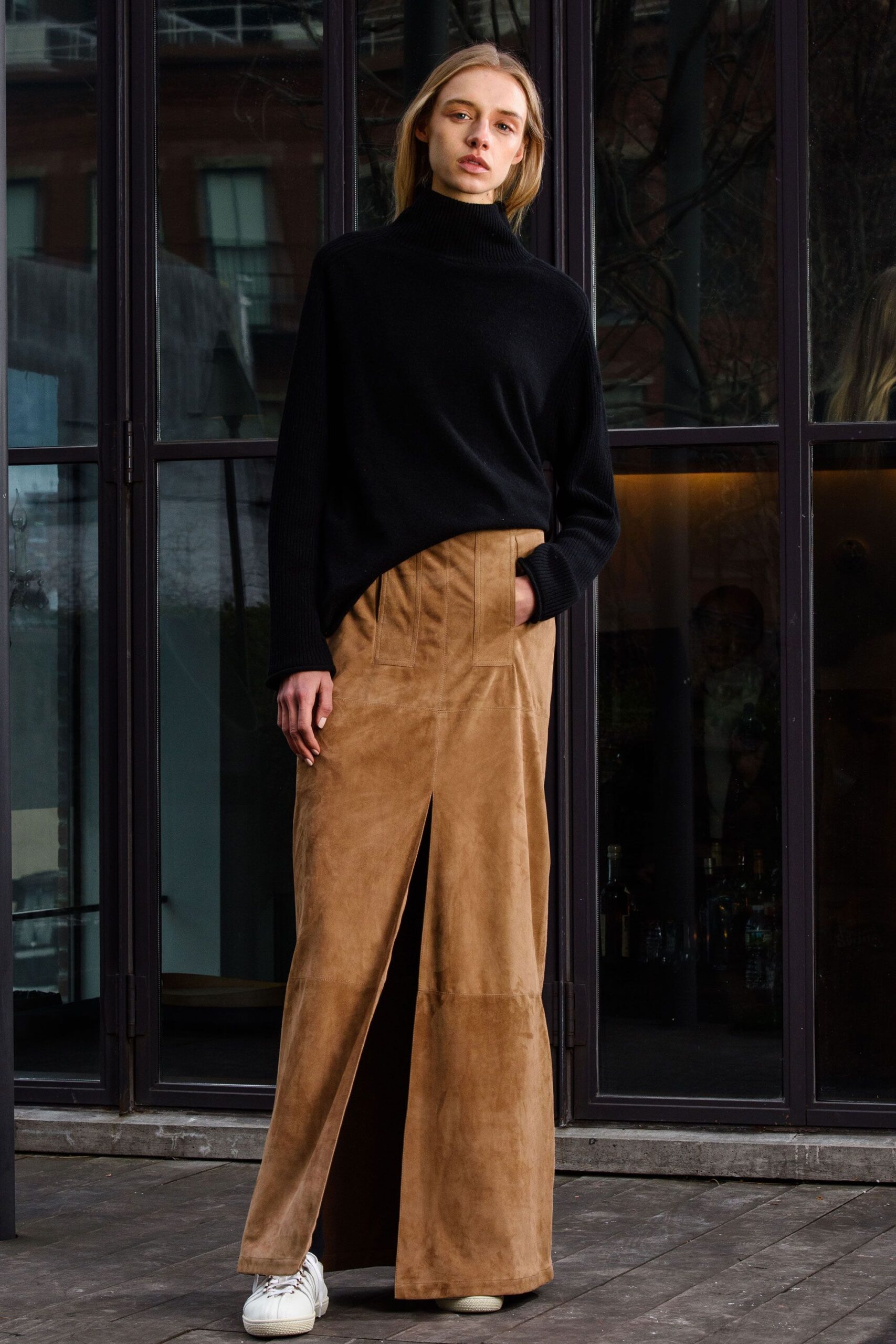 tan suede slit high-waisted pockets panelled textured skirt