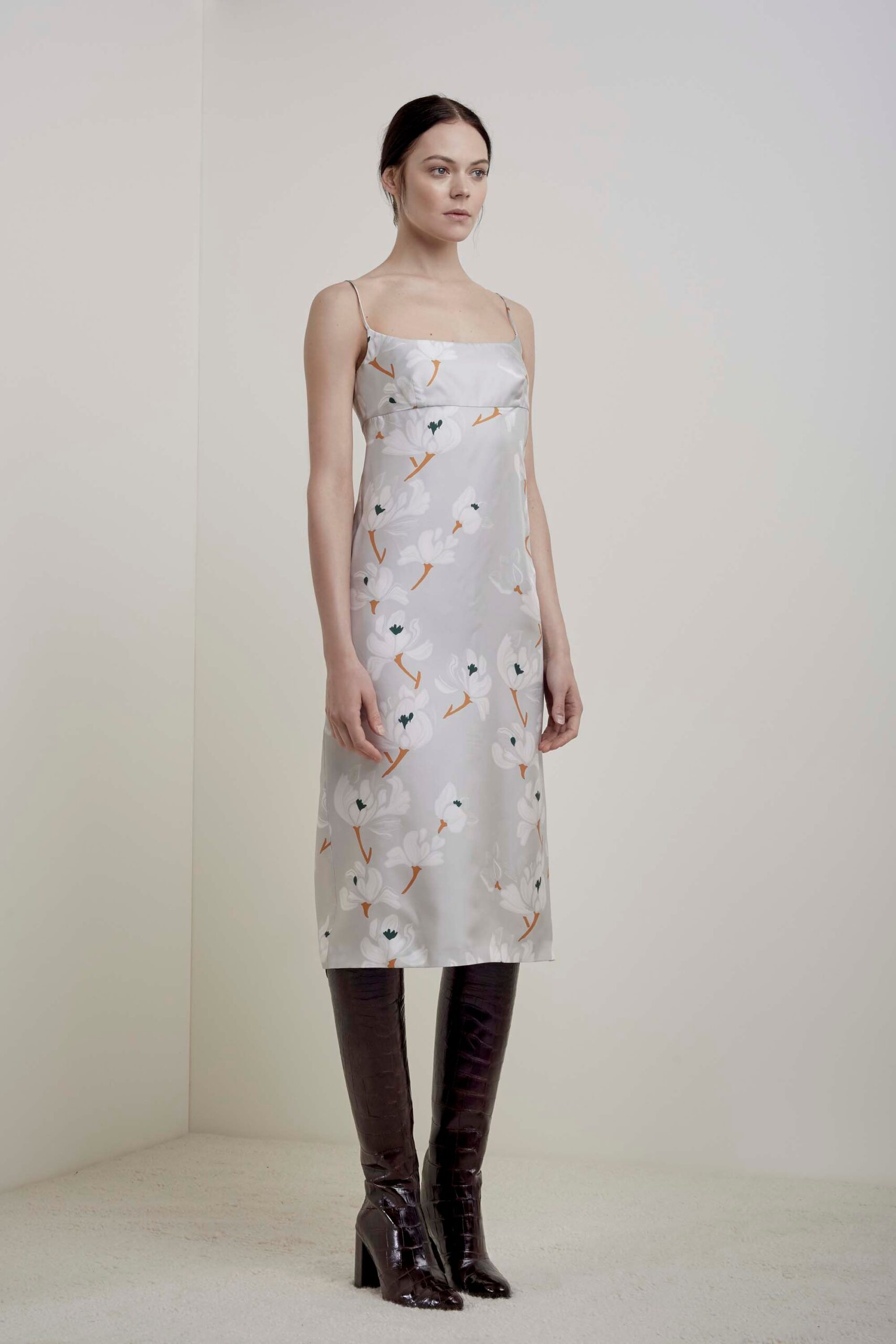 floral satin spaghetti-strap midi-dress