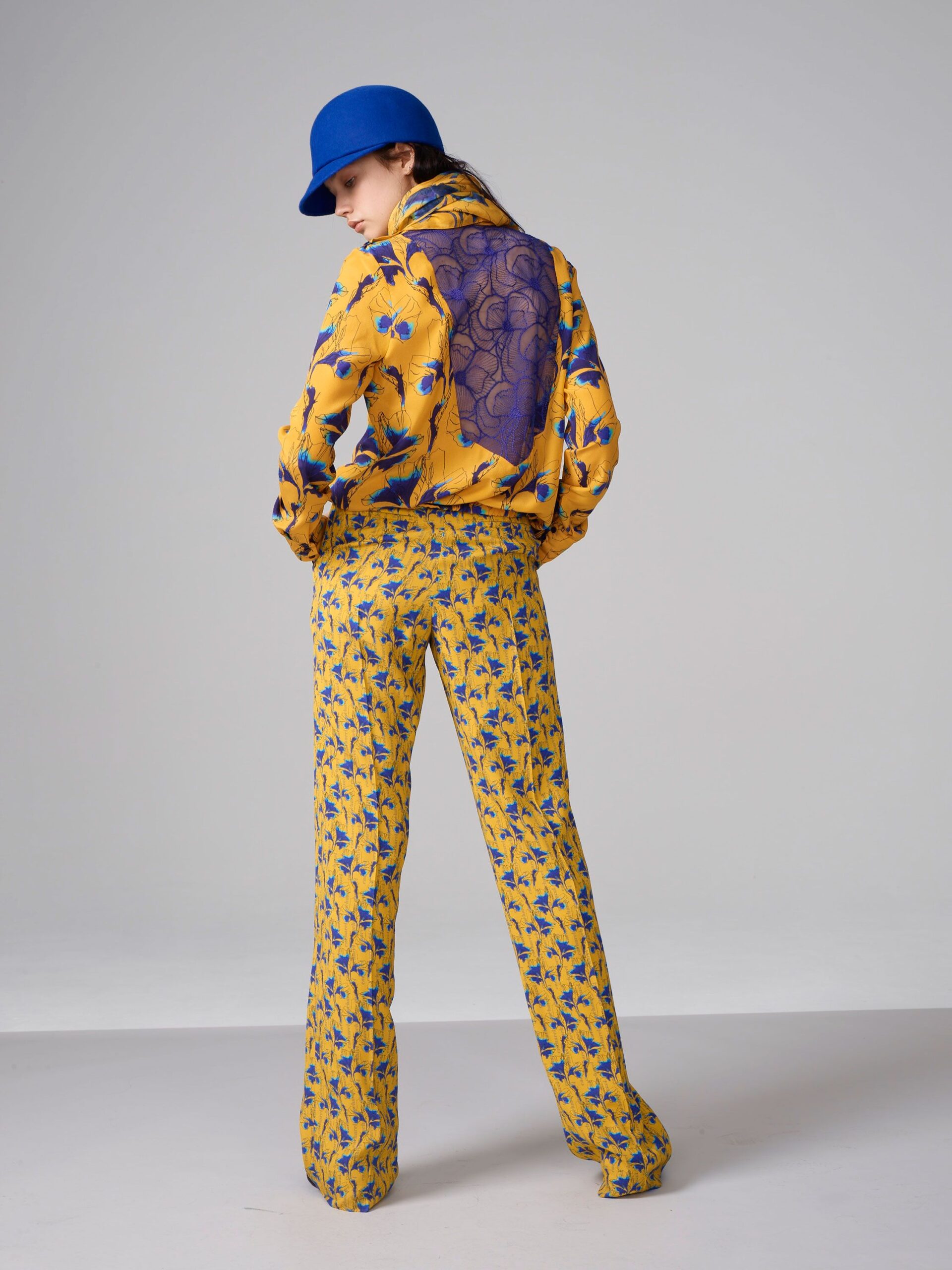 yellow unknown long-sleeve high-neck floral textured blouse