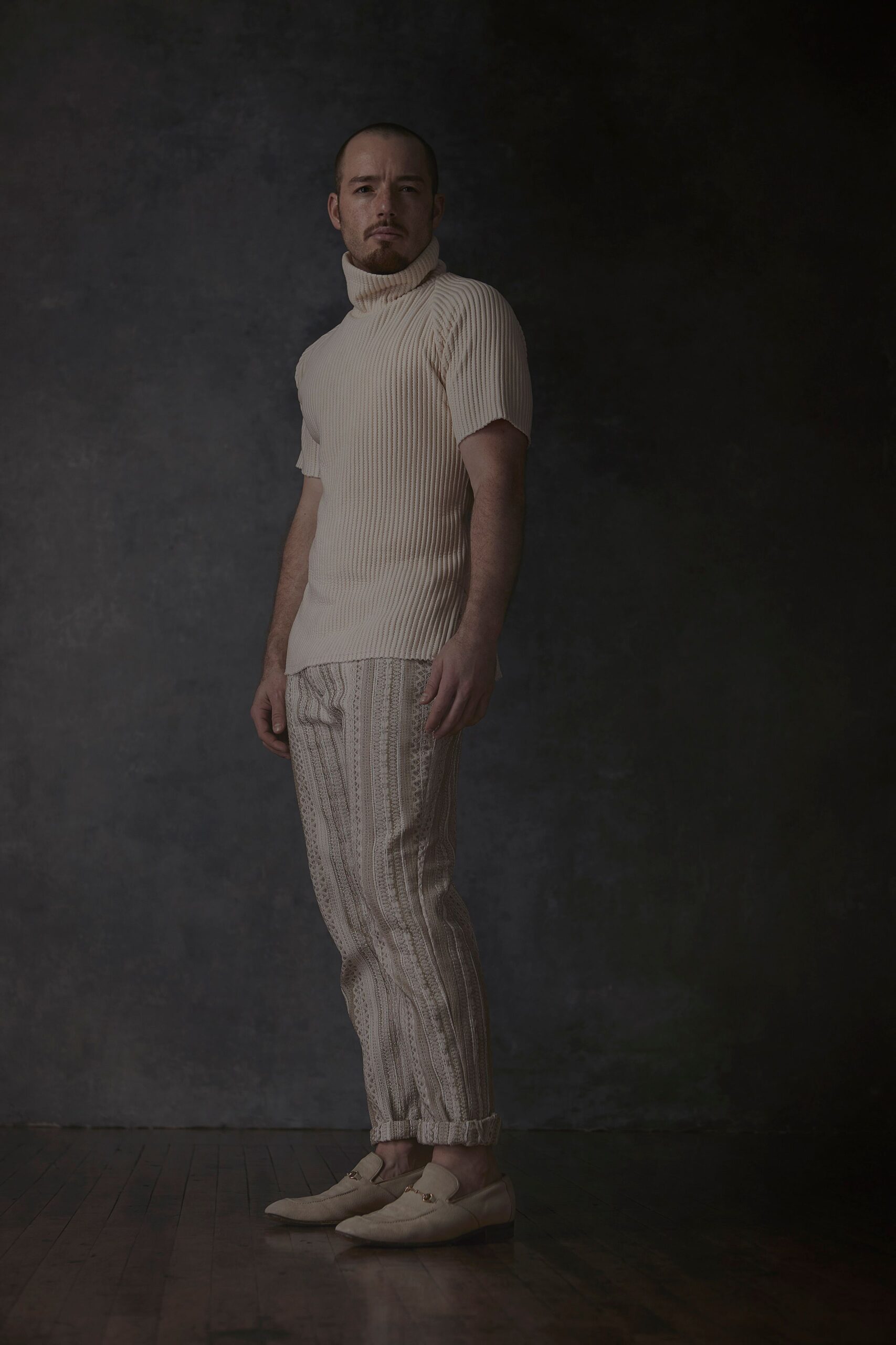 ivory knit short-sleeve turtleneck fitted ribbed textured sweater