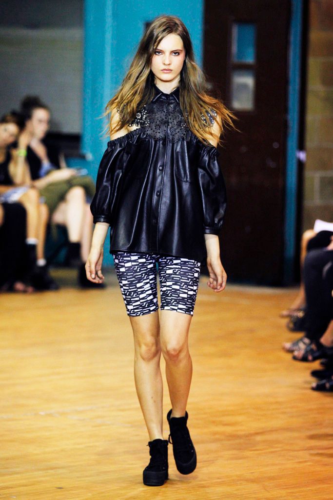 black cold-shoulder leather blouse