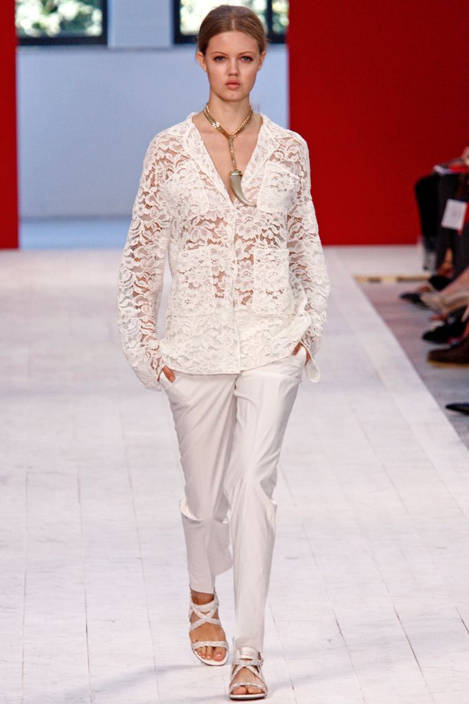 white lace long-sleeve collared buttoned sheer textured blouse