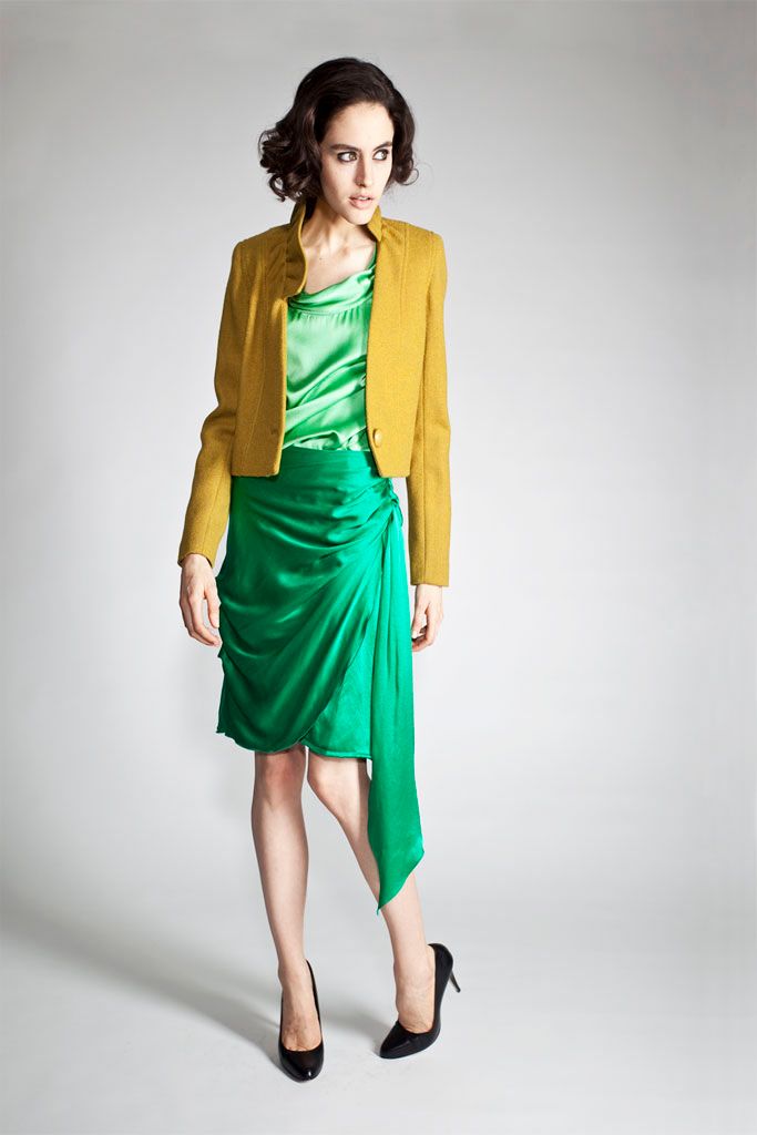 green satin asymmetric draped shiny flowing midi skirt