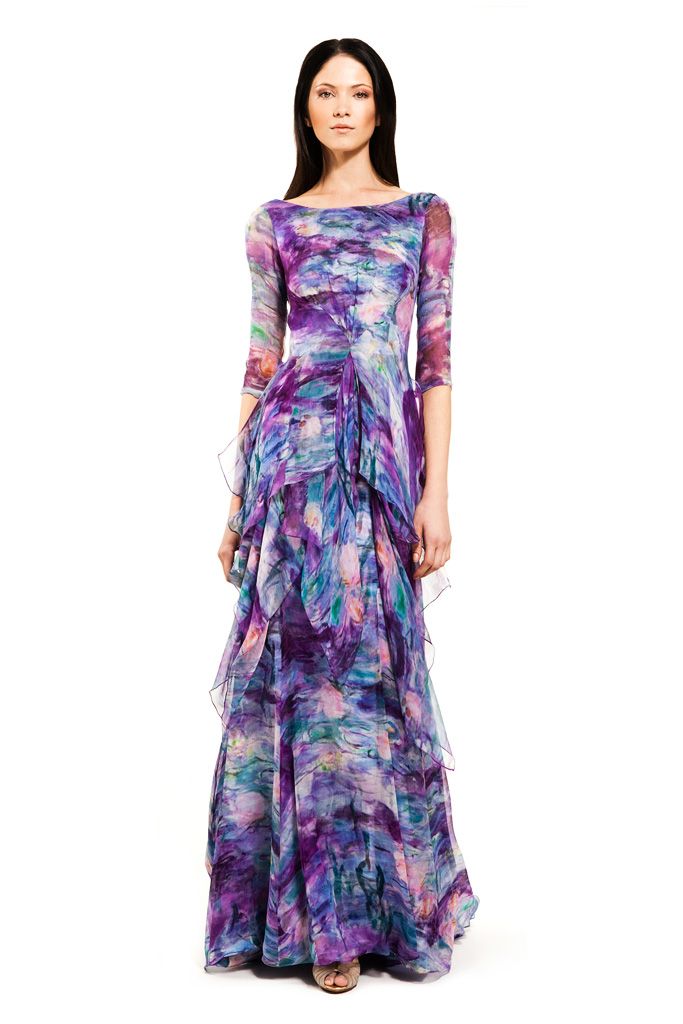 multi chiffon long-sleeve boat-neck fitted printed draped gown