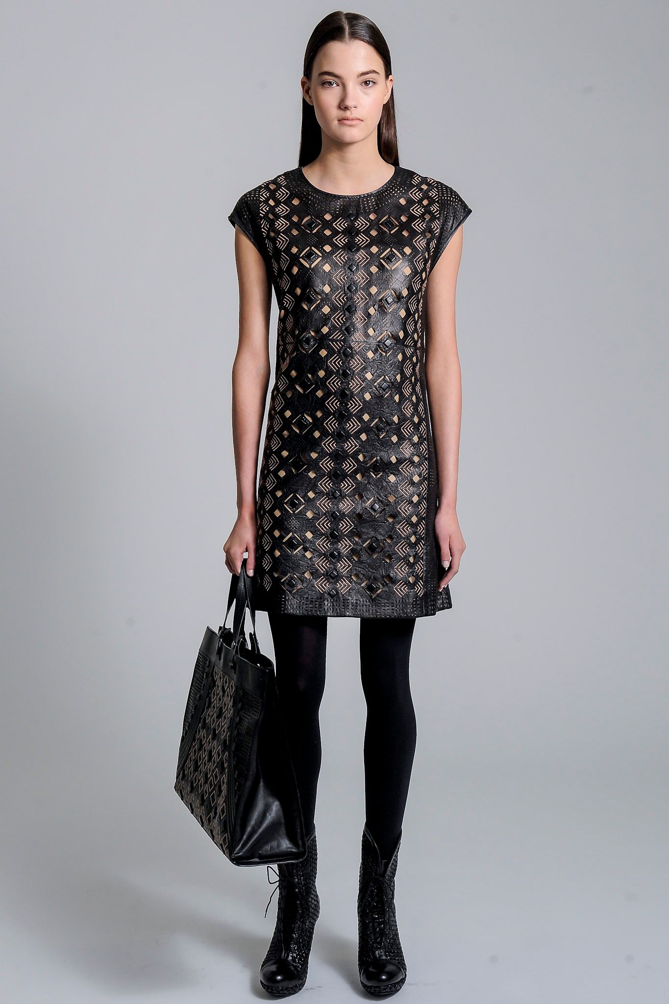black geometric cutout leather mini dress