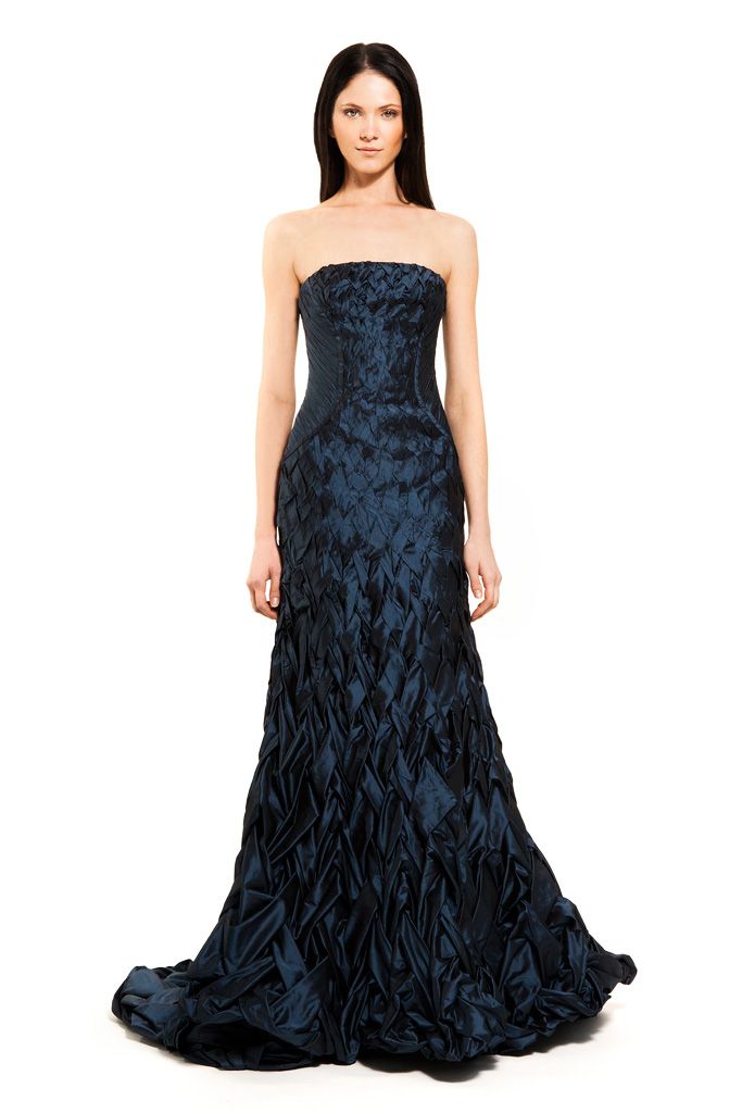 strapless ruched satin evening gown