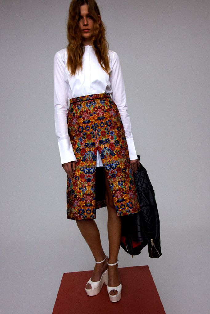multi brocade slit high-waisted floral straight-leg textured skirt