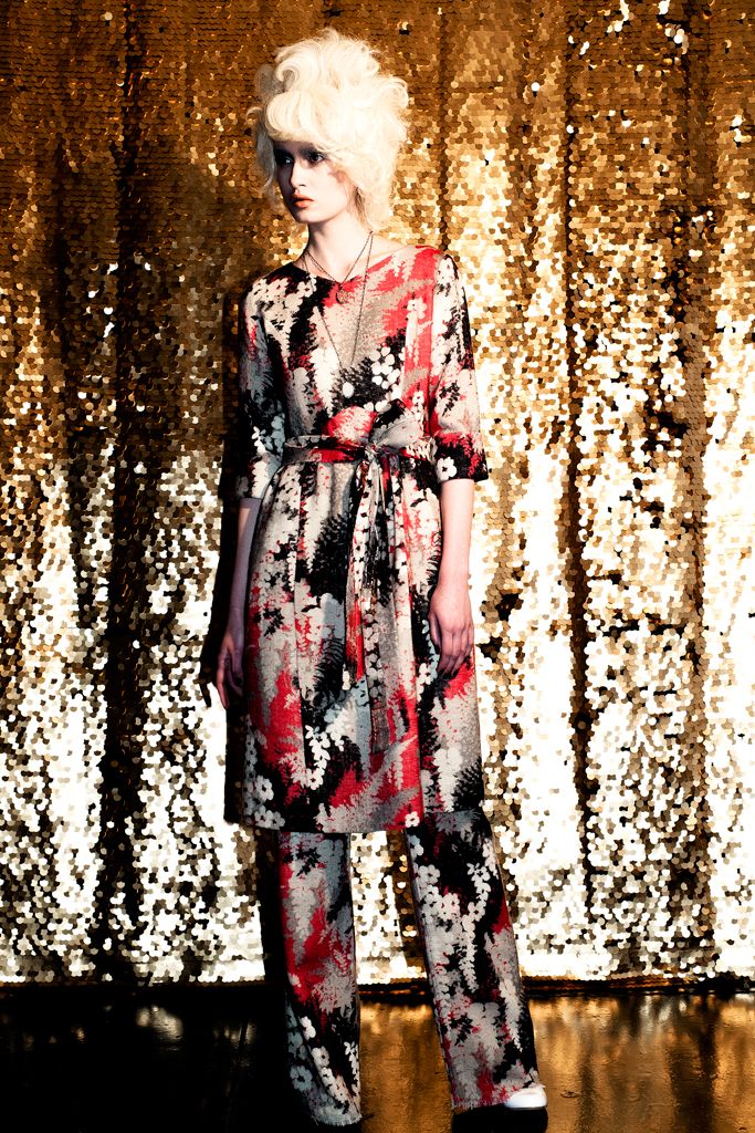 printed belted midi dress over trousers