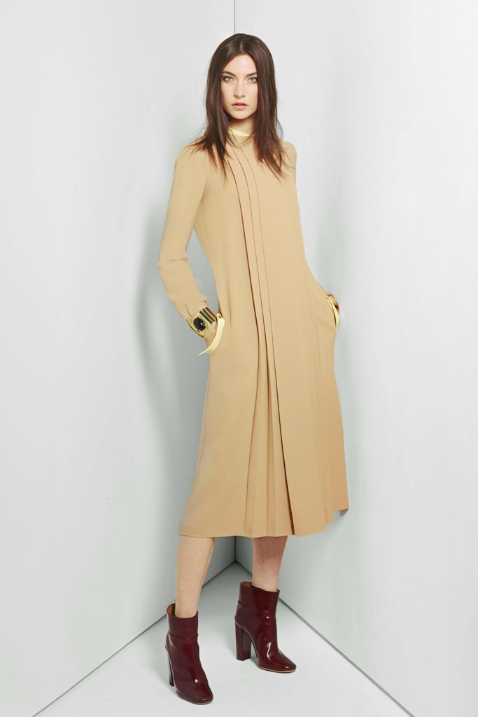 beige crepe long-sleeve high-neck pleated flowing midi midi-dress