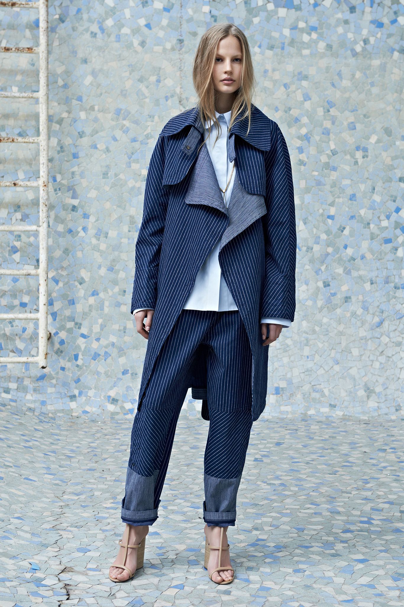 blue unknown pinstriped straight-leg pants