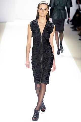 ruched front-zip black midi dress