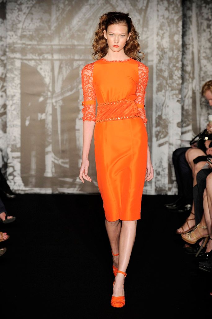 orange lace high-neck long-sleeve fitted belted ruched midi-dress