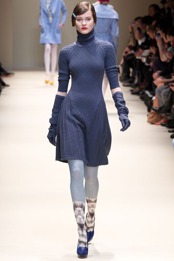 blue turtleneck knit fit-and-flare dress
