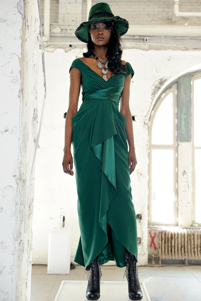 draped emerald evening gown