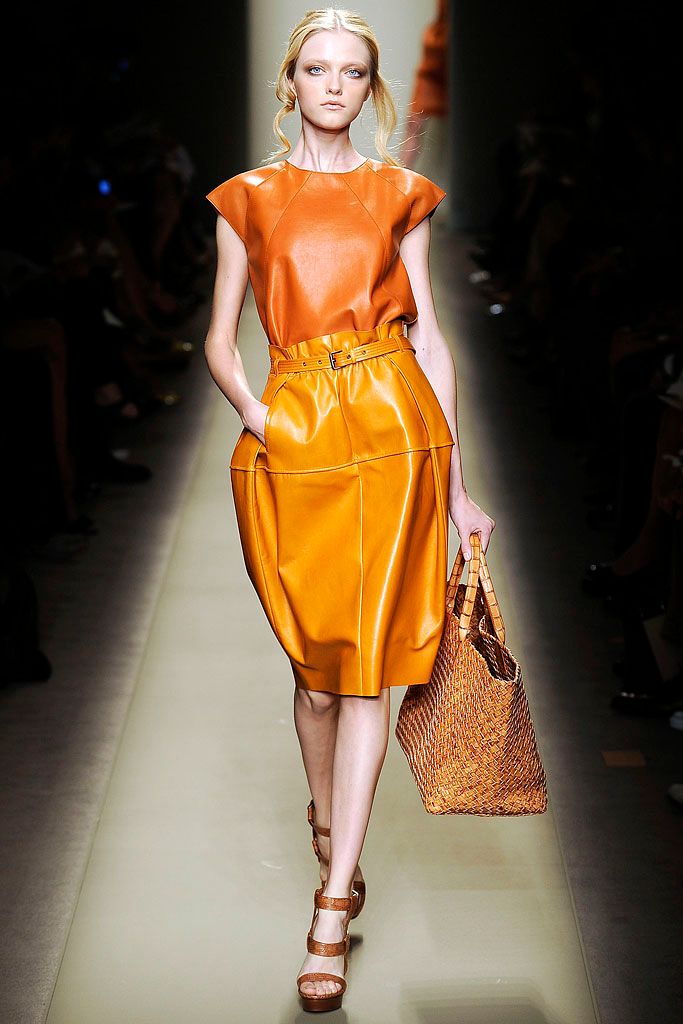 orange leather short-sleeve high-neck belted pockets shiny dress