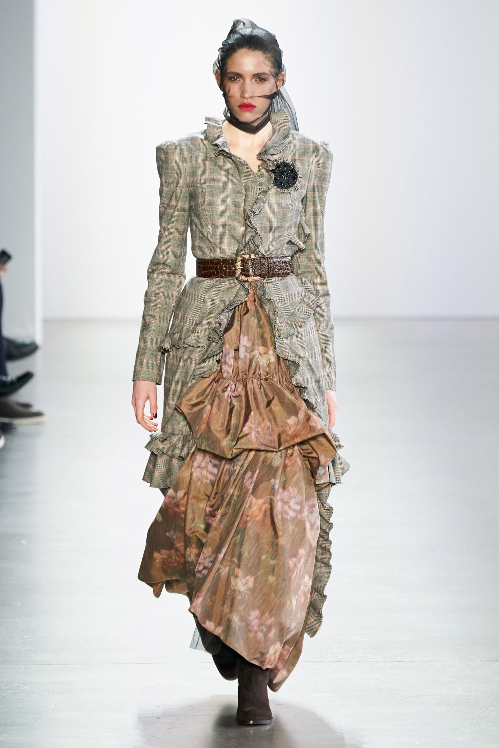 ruffled checked belted maxi dress
