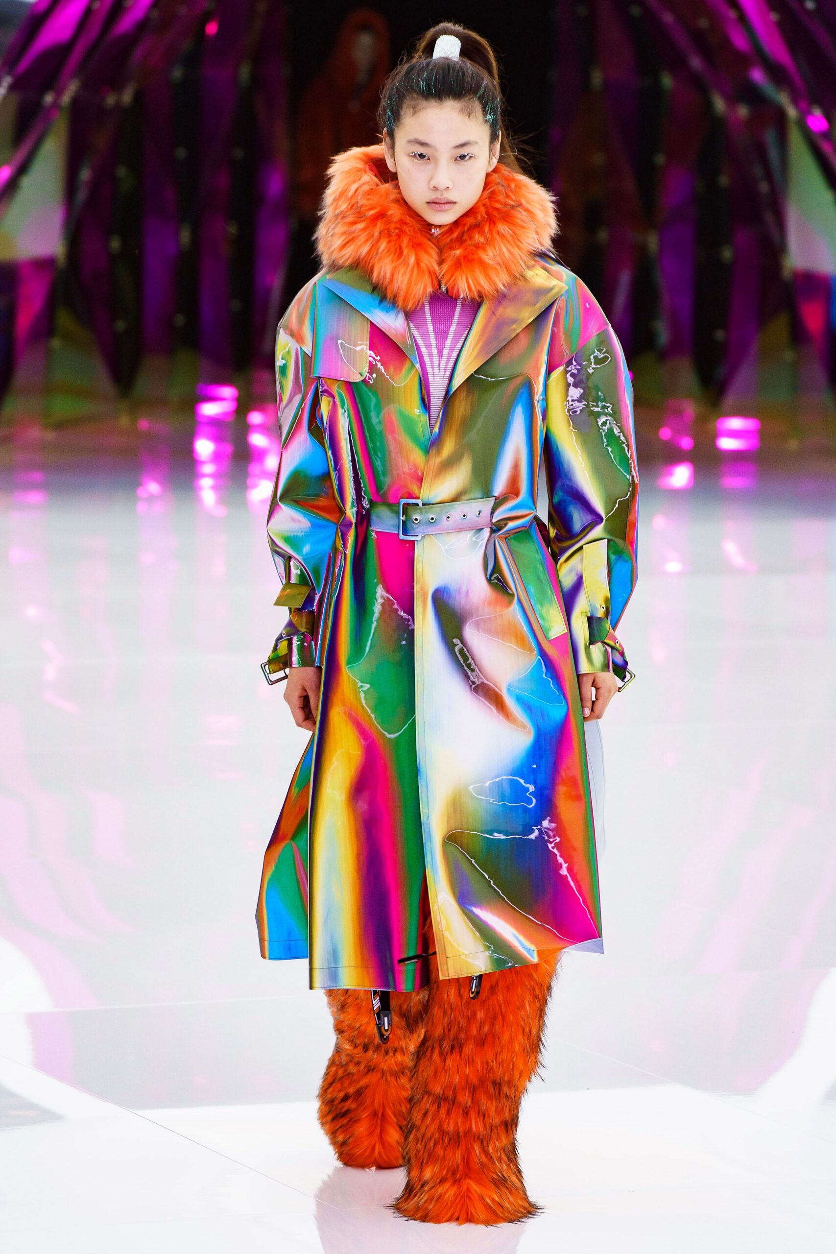 iridescent belted trench coat