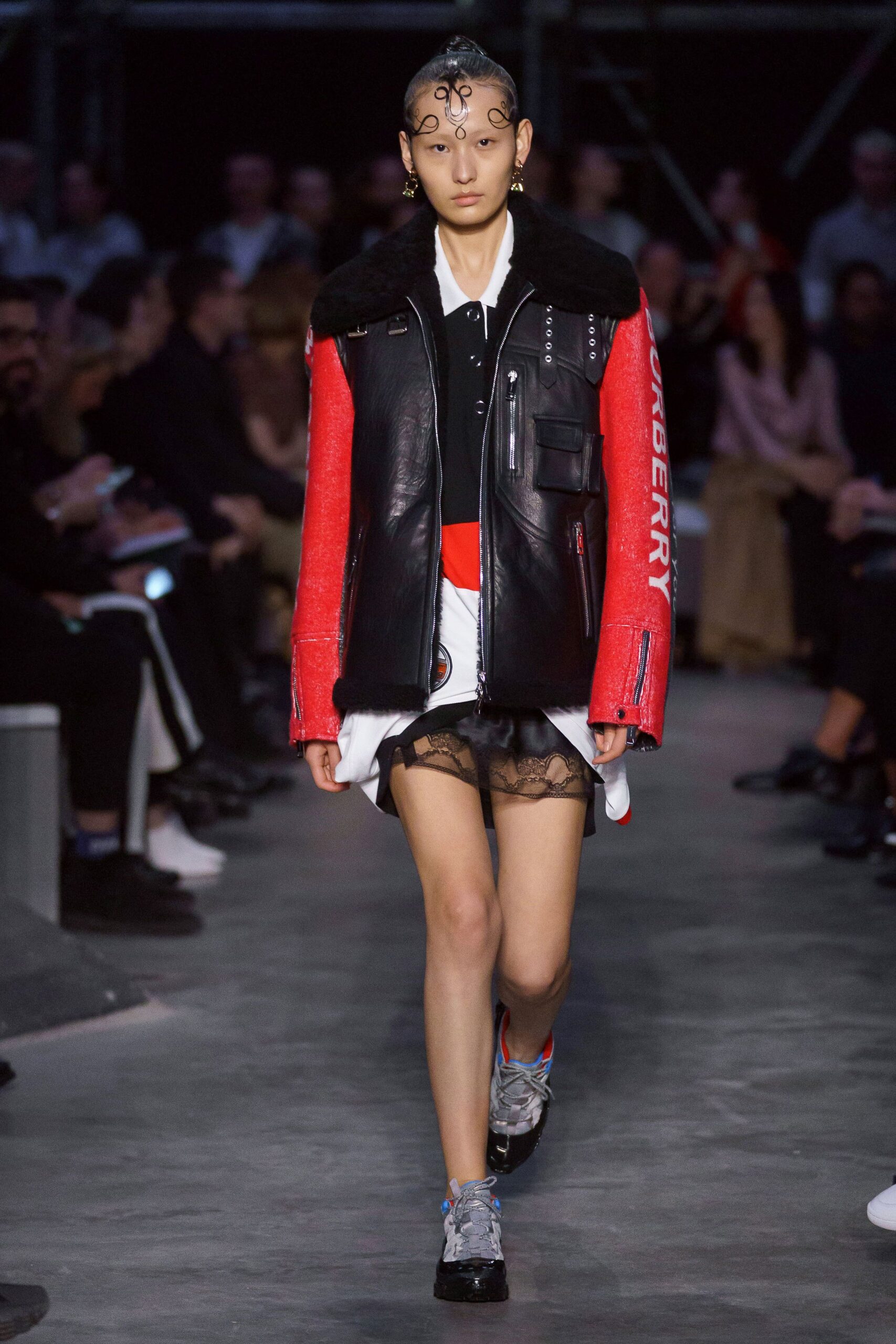 black leather long-sleeve collared oversized zippered color-blocked jacket