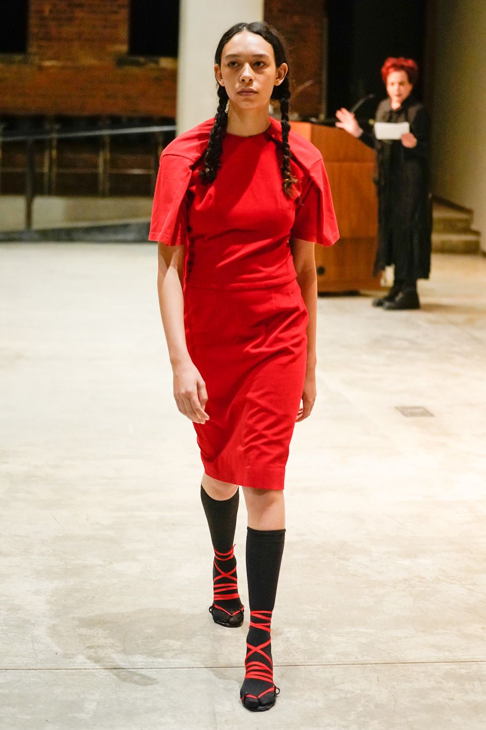 red cape-sleeve midi dress