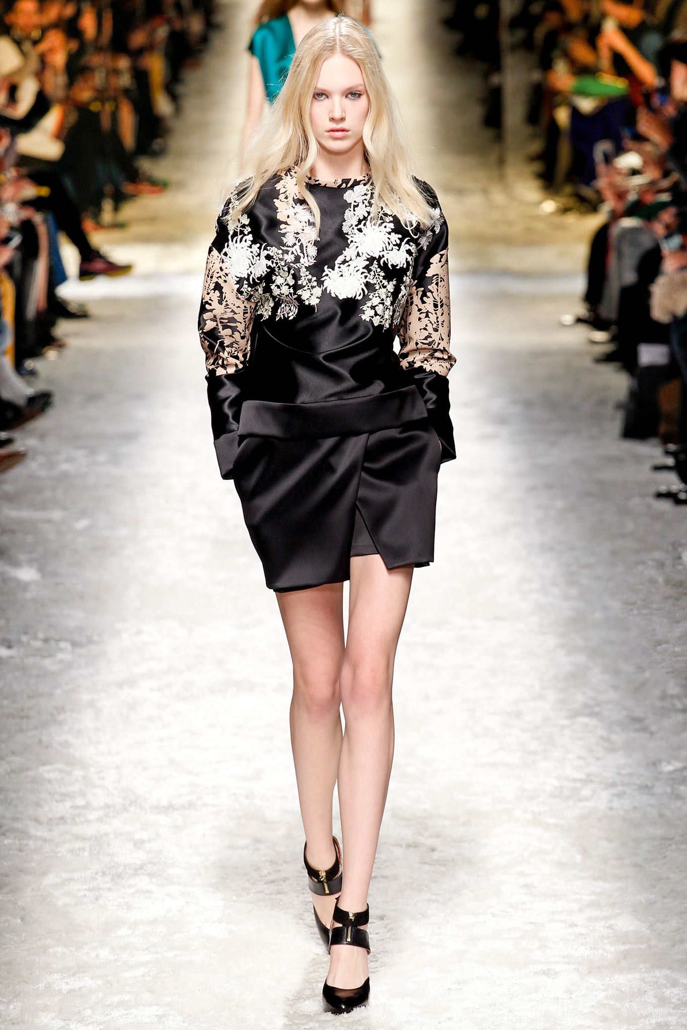 black satin long-sleeve high-neck structured floral panelled mini-dress