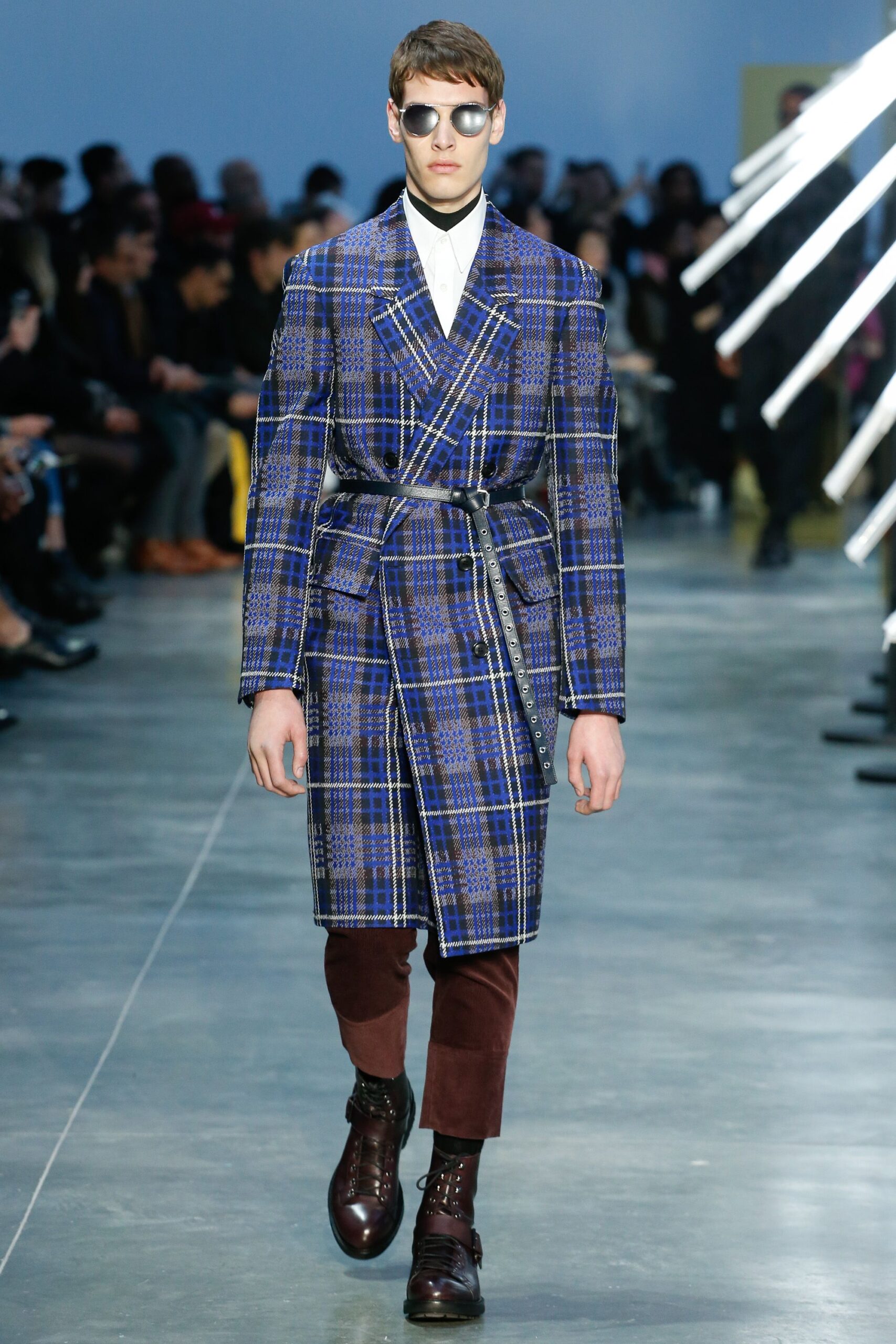 blue plaid belted trench-style coat