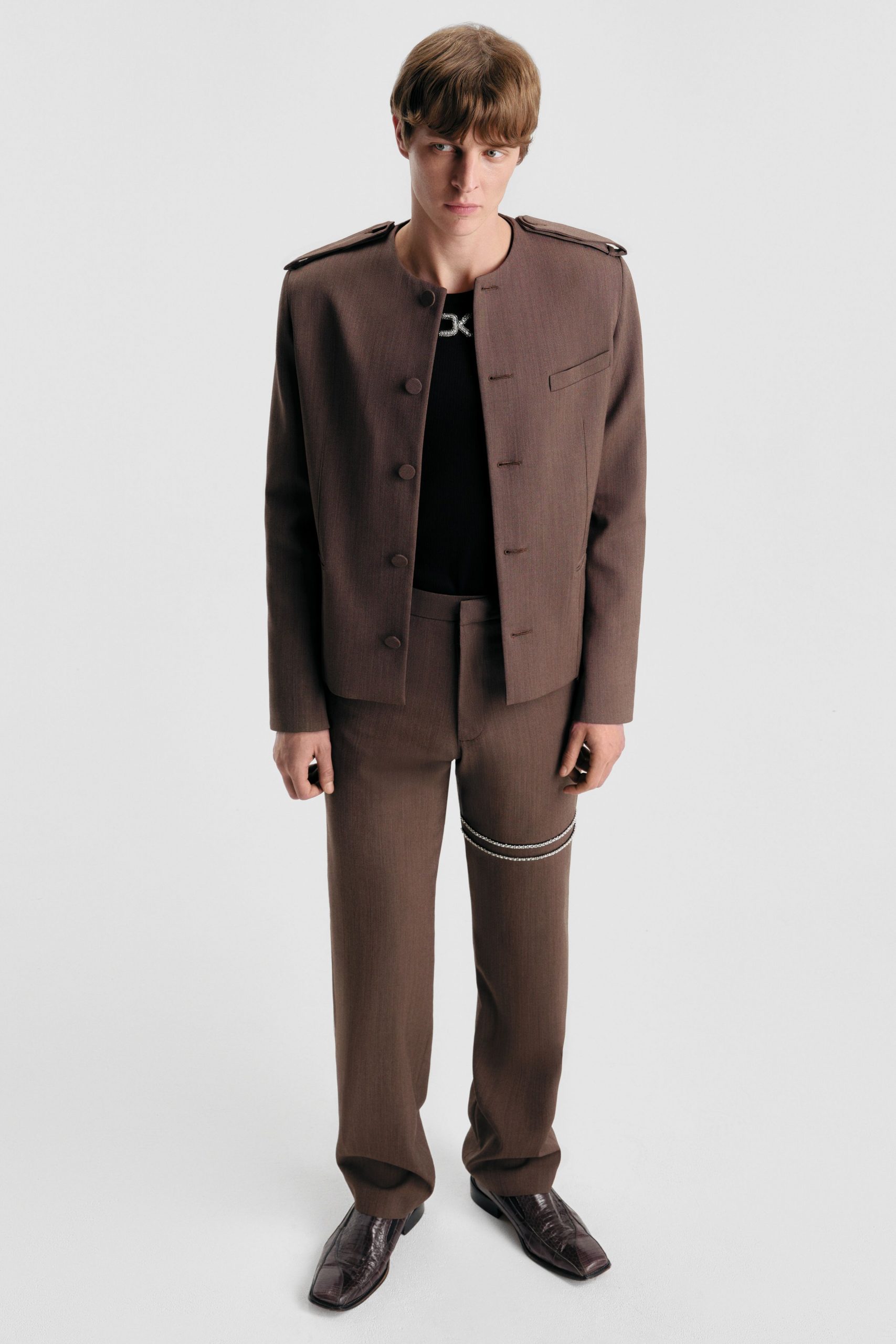 brown cotton long-sleeve collared structured buttoned jacket