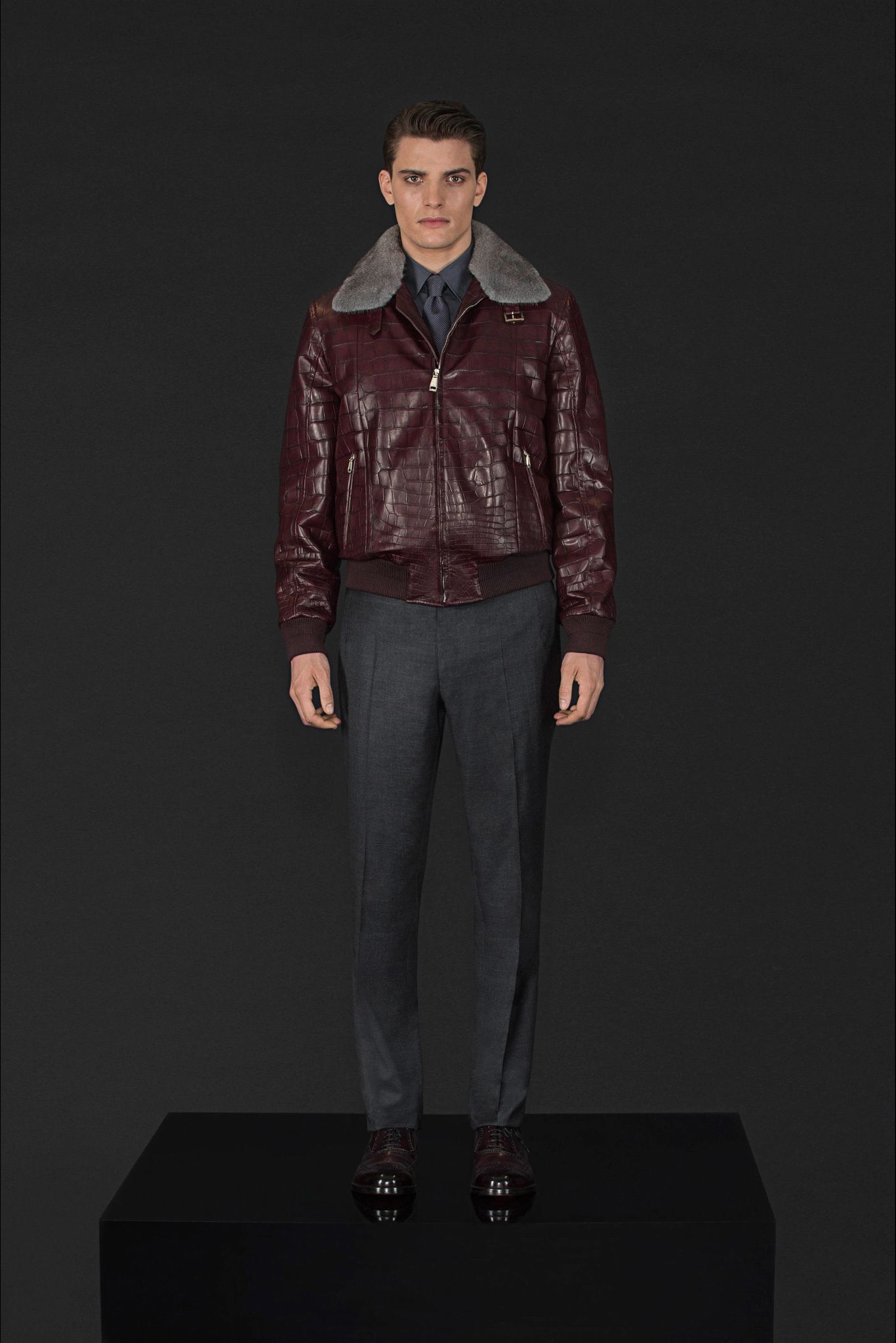 maroon leather long-sleeve collared fitted embossed zippered jacket
