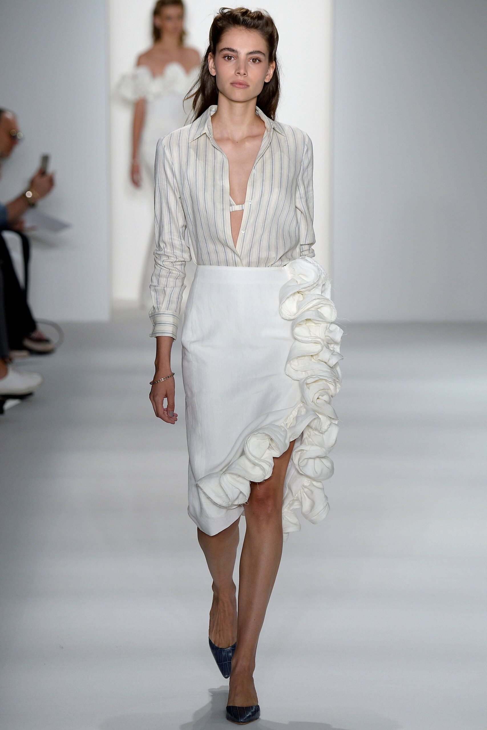 white ruffled asymmetric midi skirt