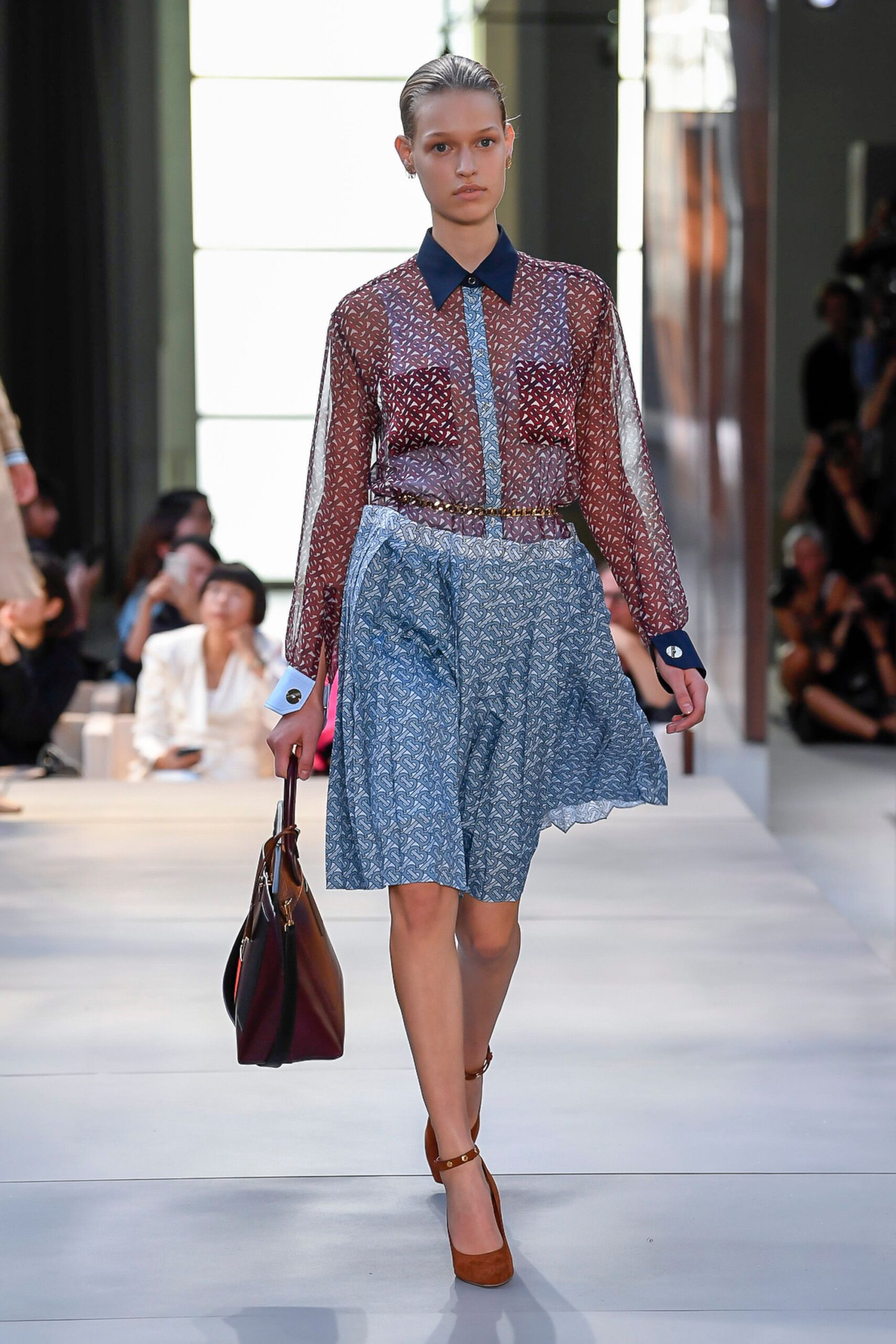 multi mesh long-sleeve collared printed belted dress