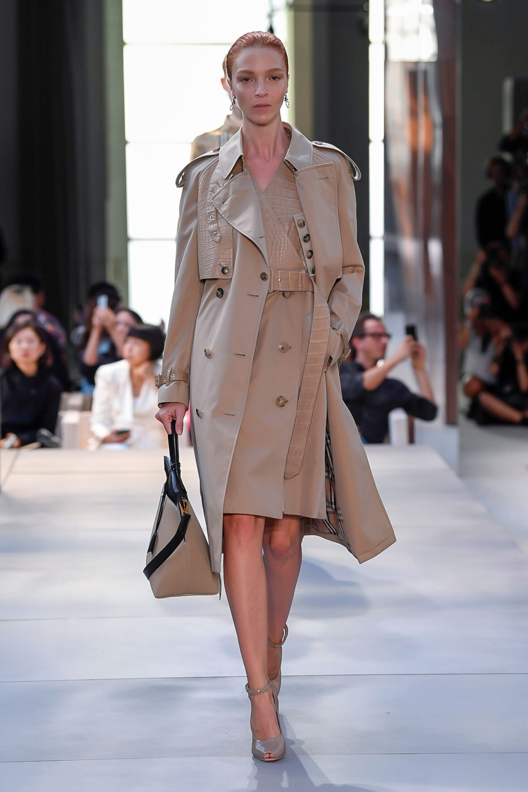 beige leather long-sleeve collared tailored buttoned belted trench