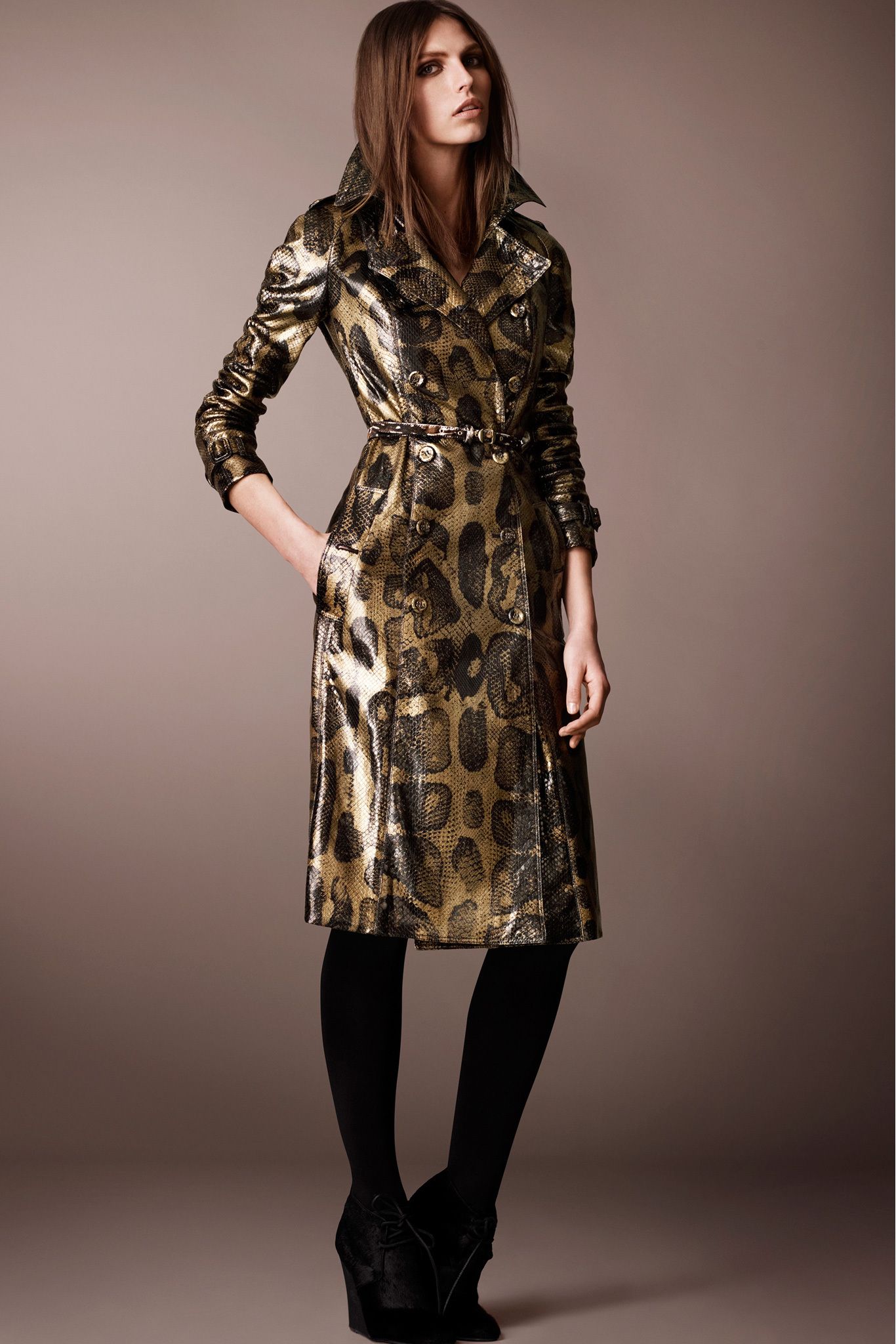 gold leather double-breasted long-sleeve tailored animal-print belted trench
