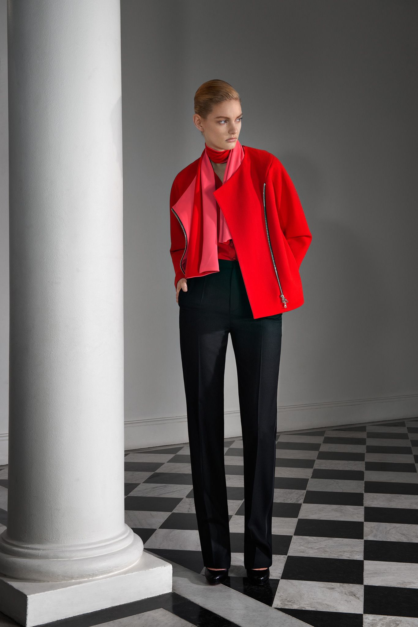 red asymmetric zip-front jacket