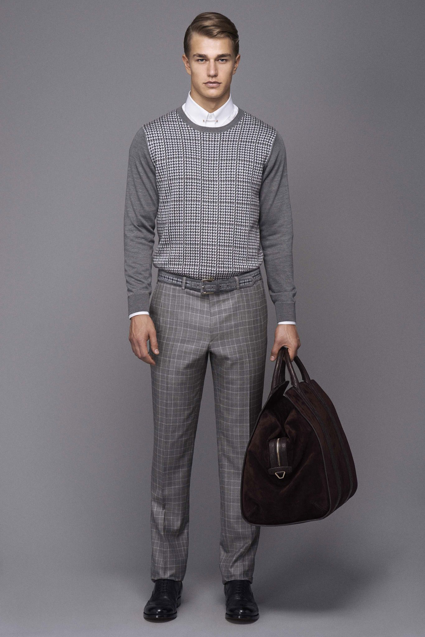 gray knit long-sleeve collared houndstooth panelled textured sweater