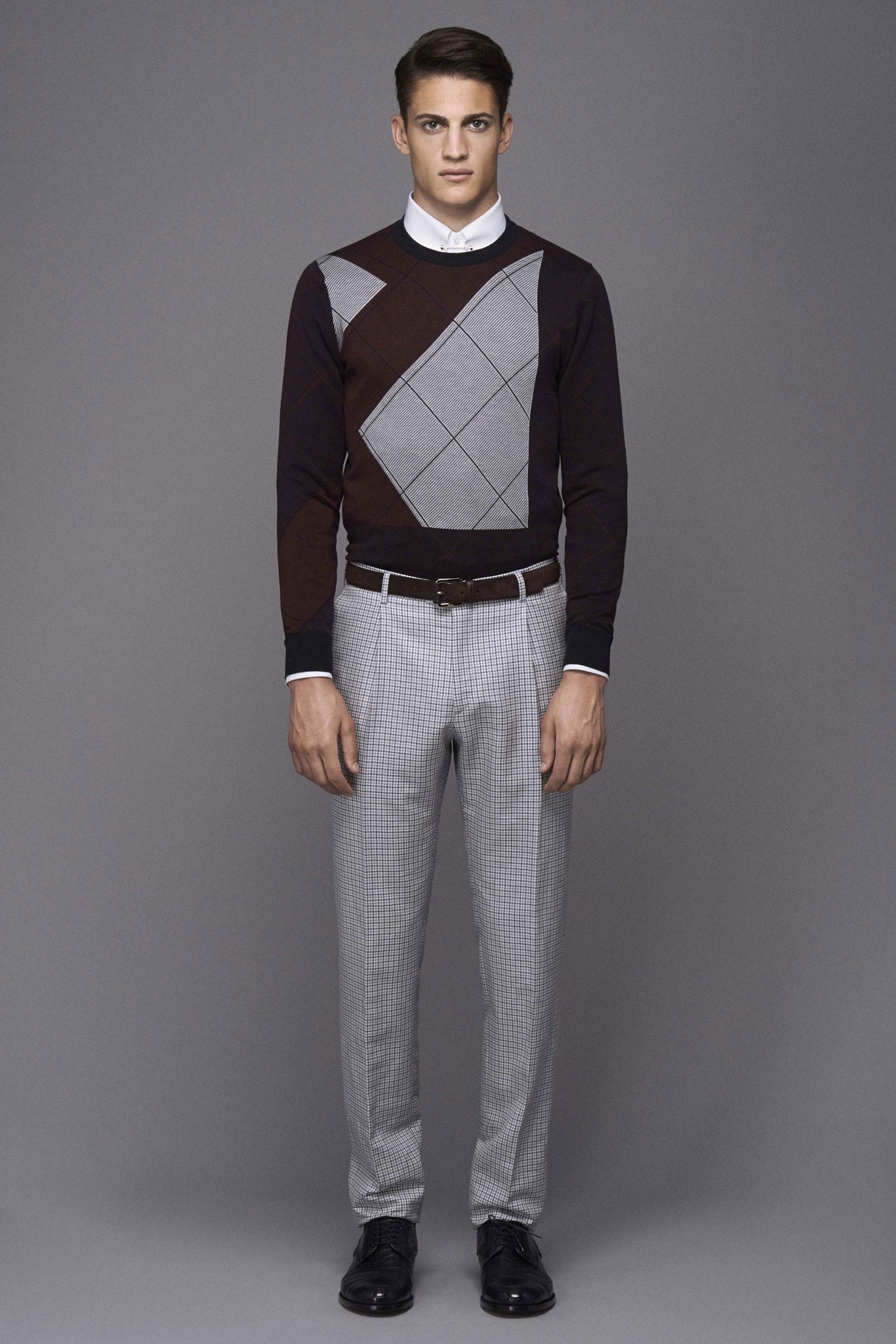 brown knit long-sleeve collared fitted argyle textured sweater