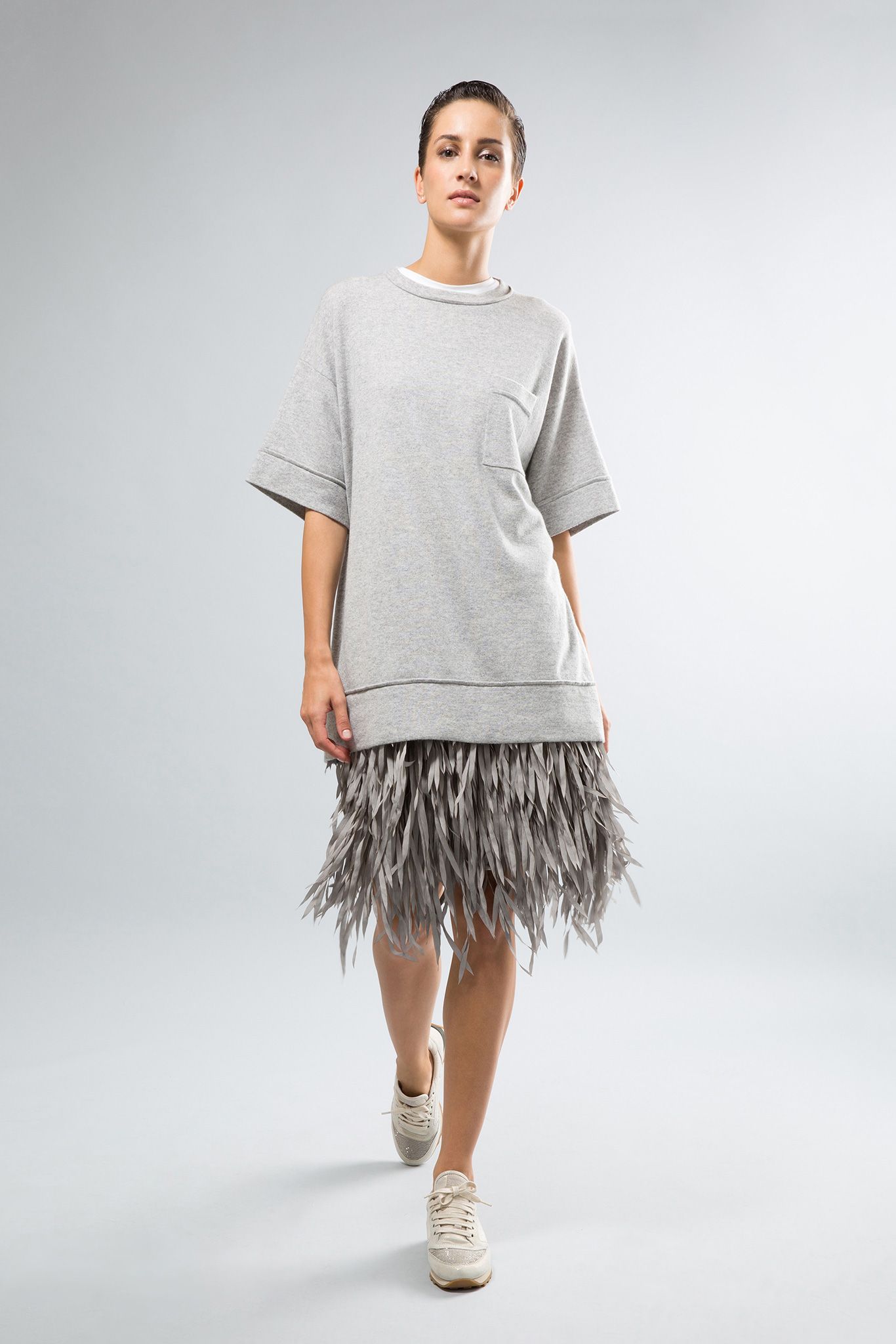 gray knit short-sleeve high-neck oversized feathered textured dress