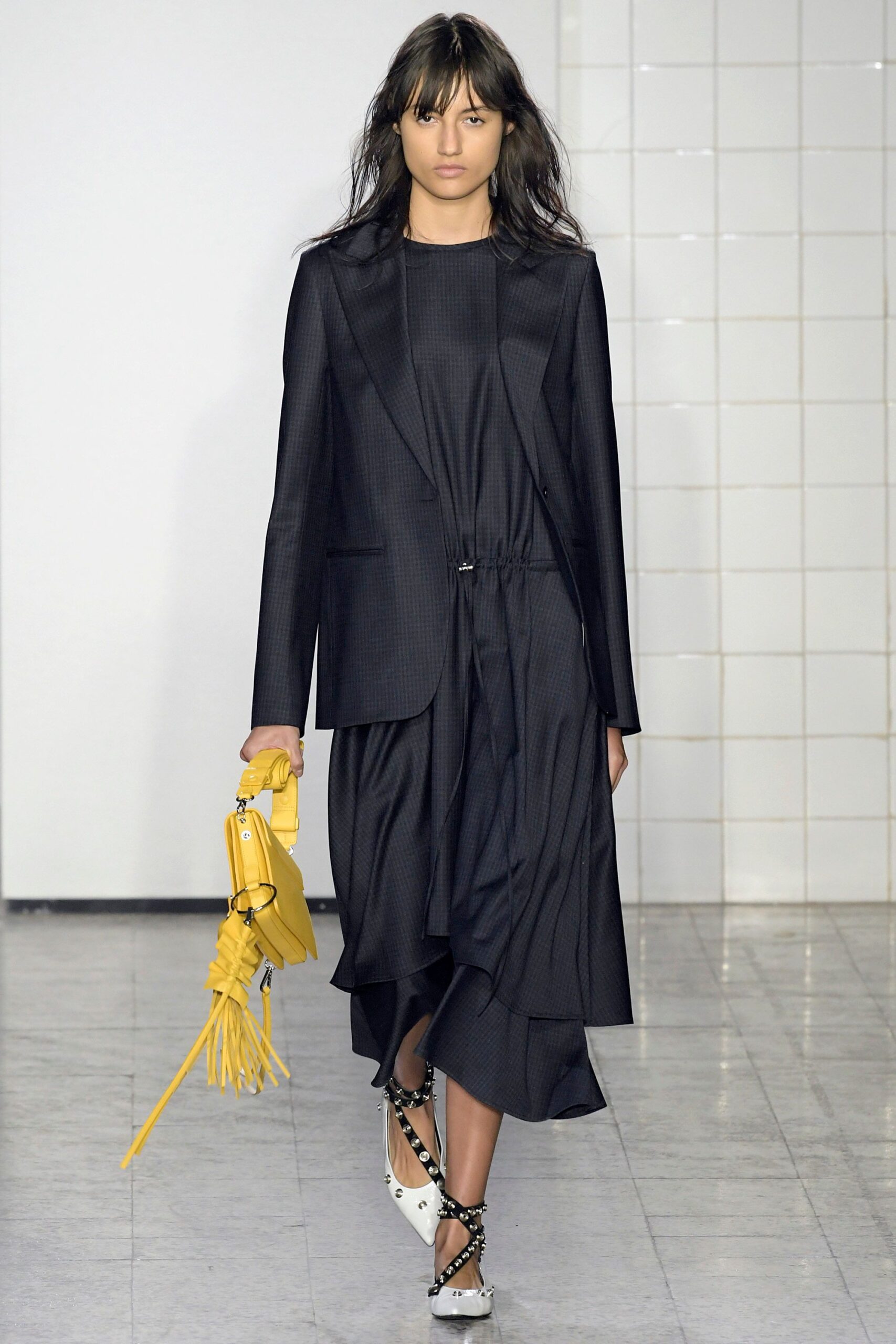 asymmetric black draped midi dress