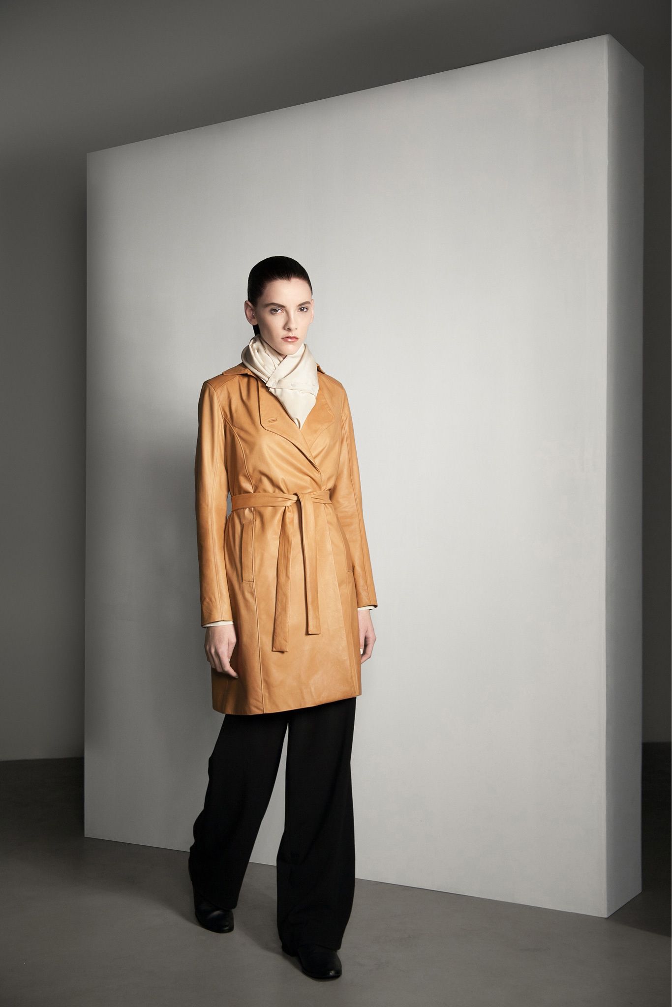 tan leather wrap coat
