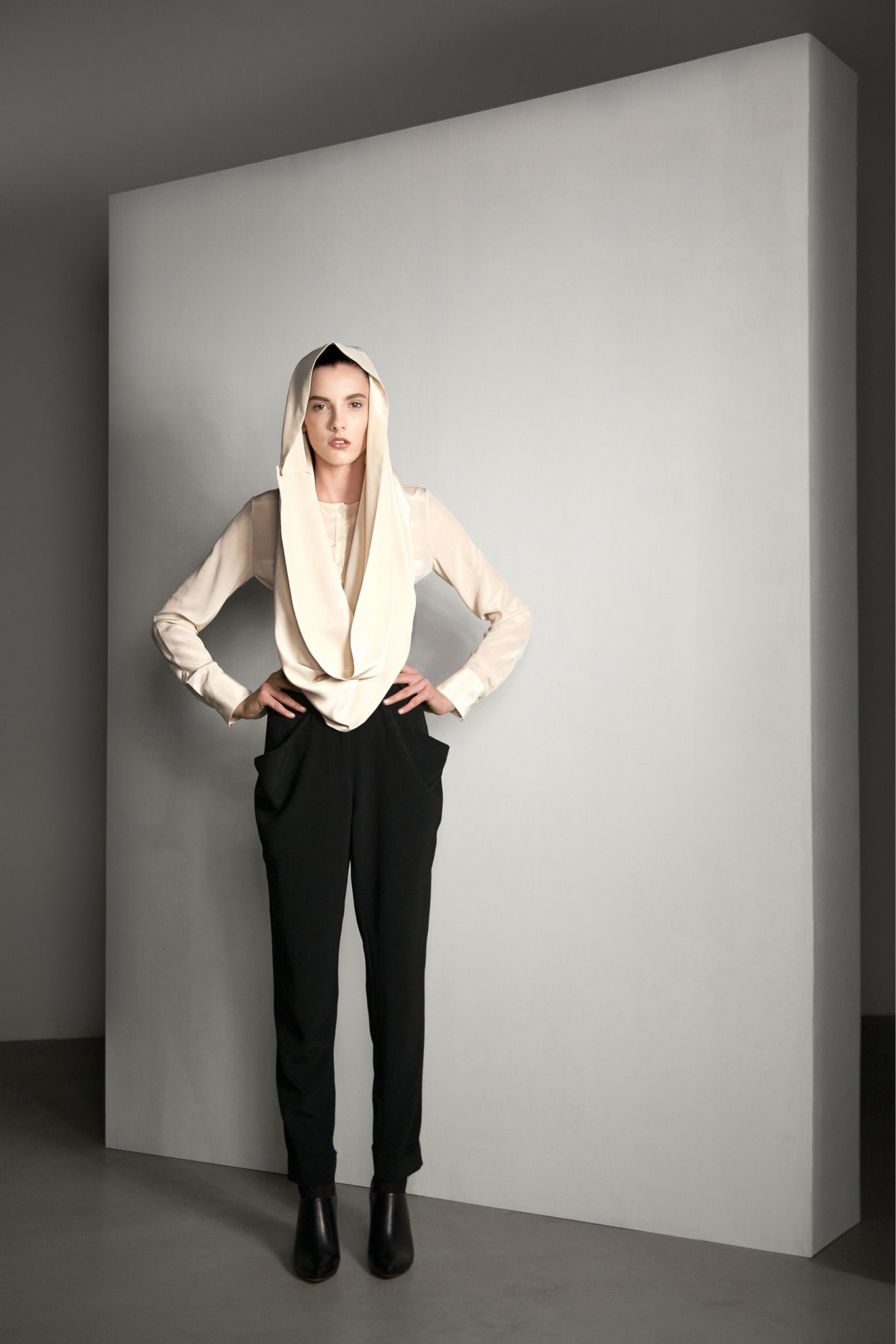 ivory draped hooded satin blouse