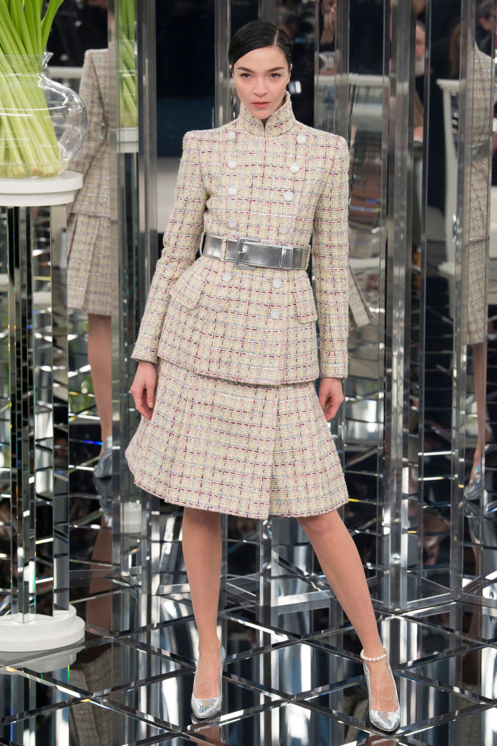 ivory tweed long-sleeve high-neck tailored checked buttoned jacket