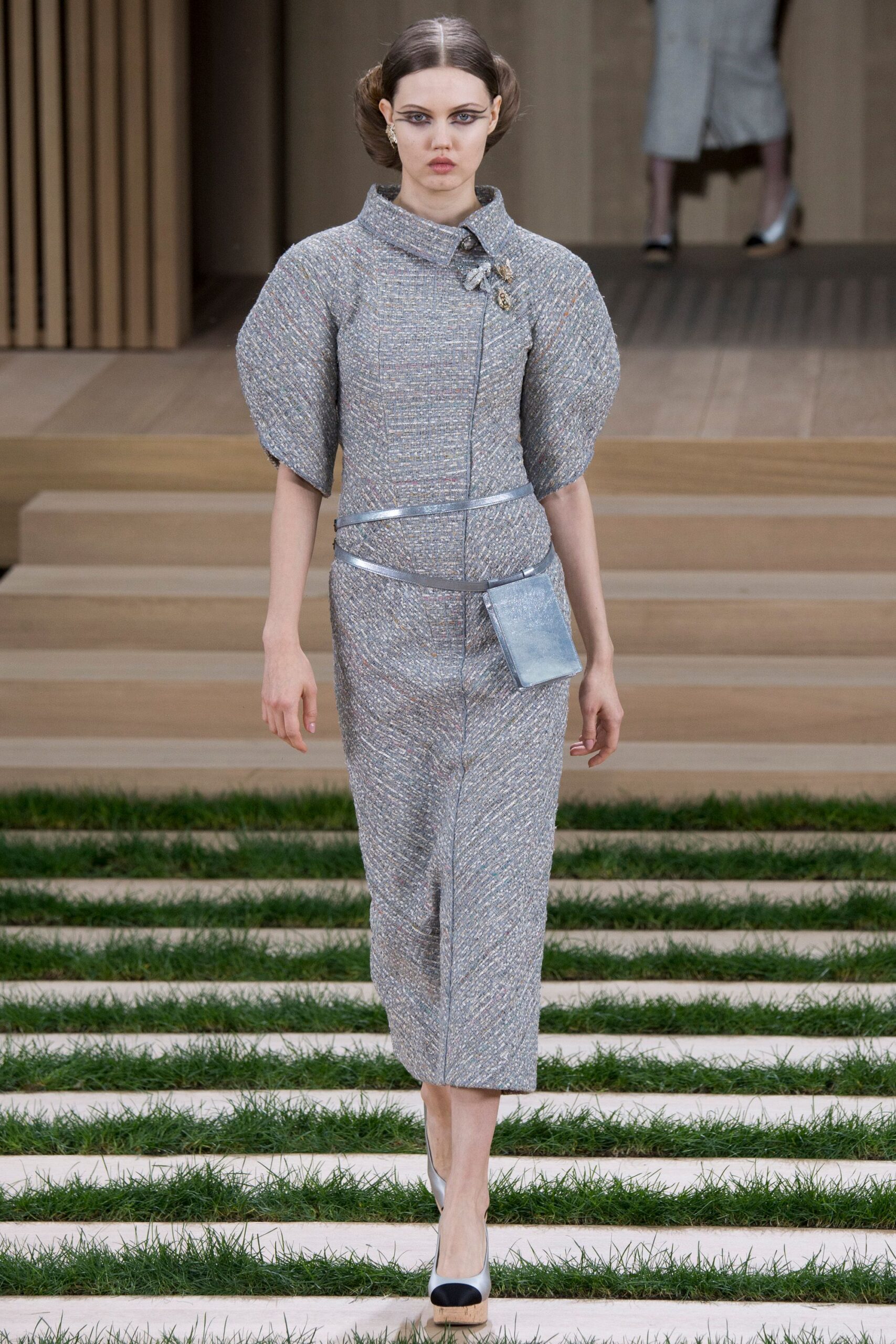 gray tweed short-sleeve high-neck structured belted textured midi-dress